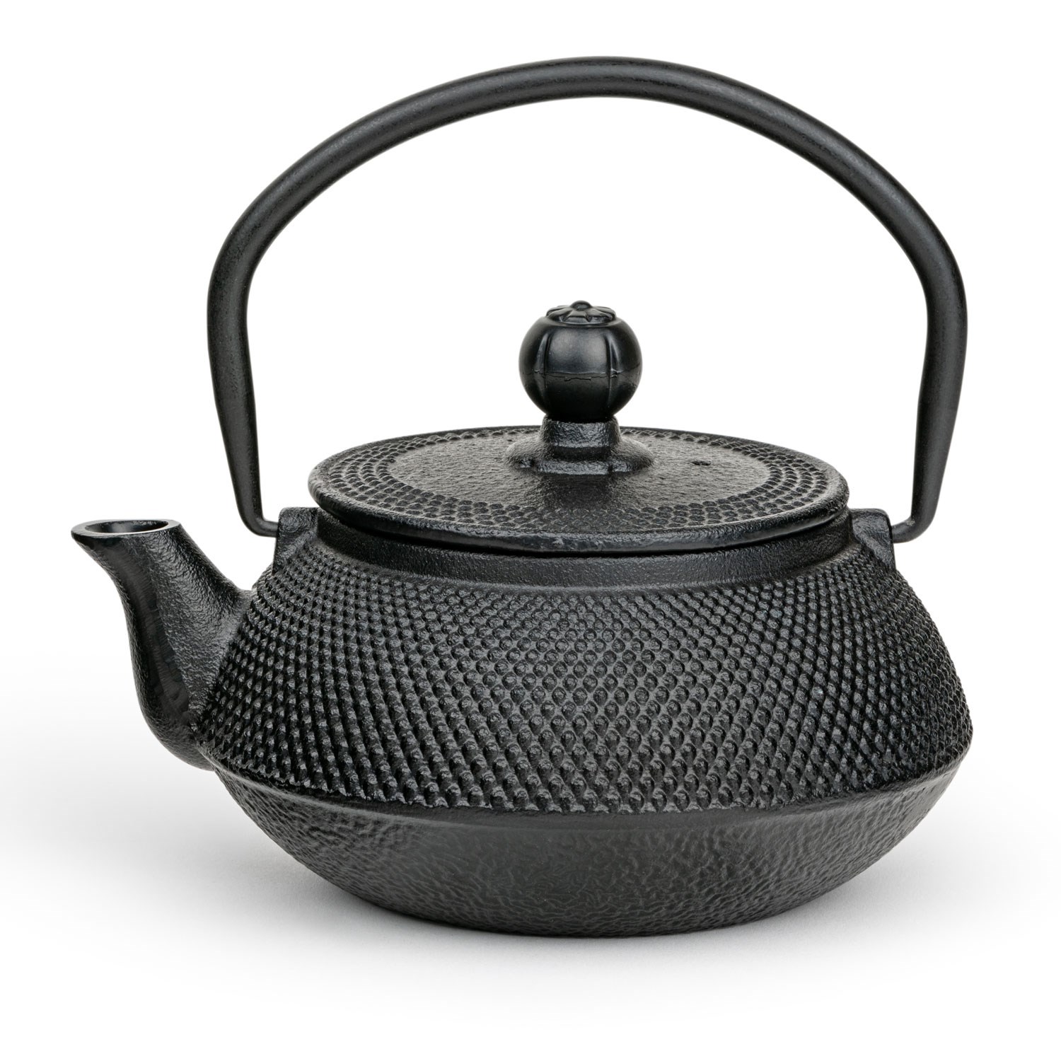 Black cast iron teapot with pattern and handle