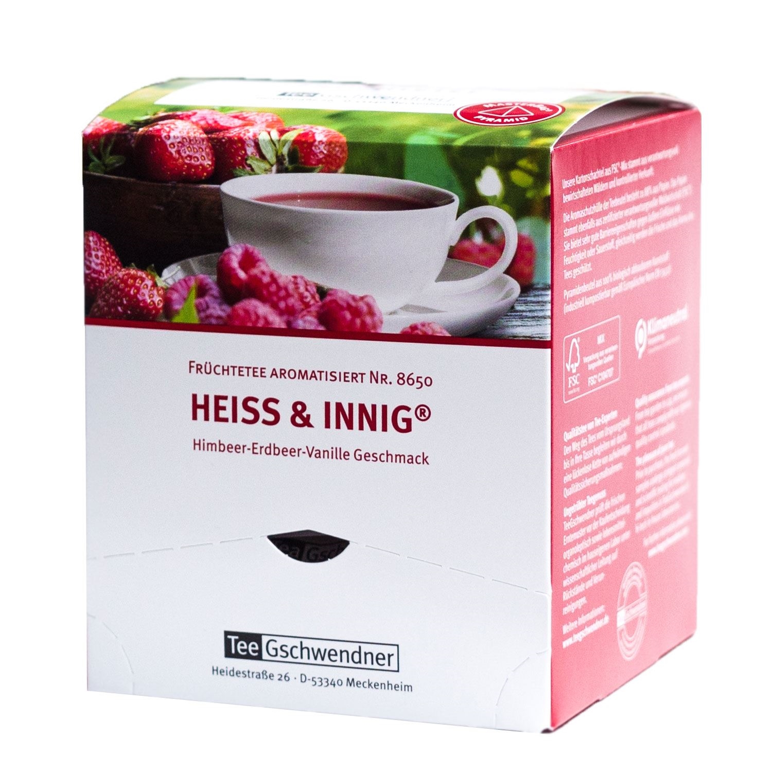 Heiss & Innig Früchtetee Himbeer-Erdbeer-Vanille, Koffein, Früchtetee, Himbeer-Erdbeer-Vanille, Teebeutel, Tee-Geschwender