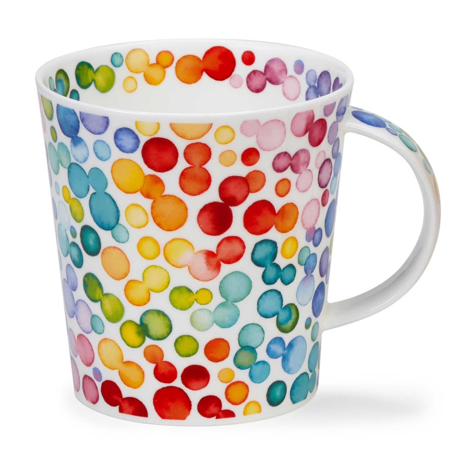 White porcelain mug with handle and dense pattern of colourful rainbow watercolour dots