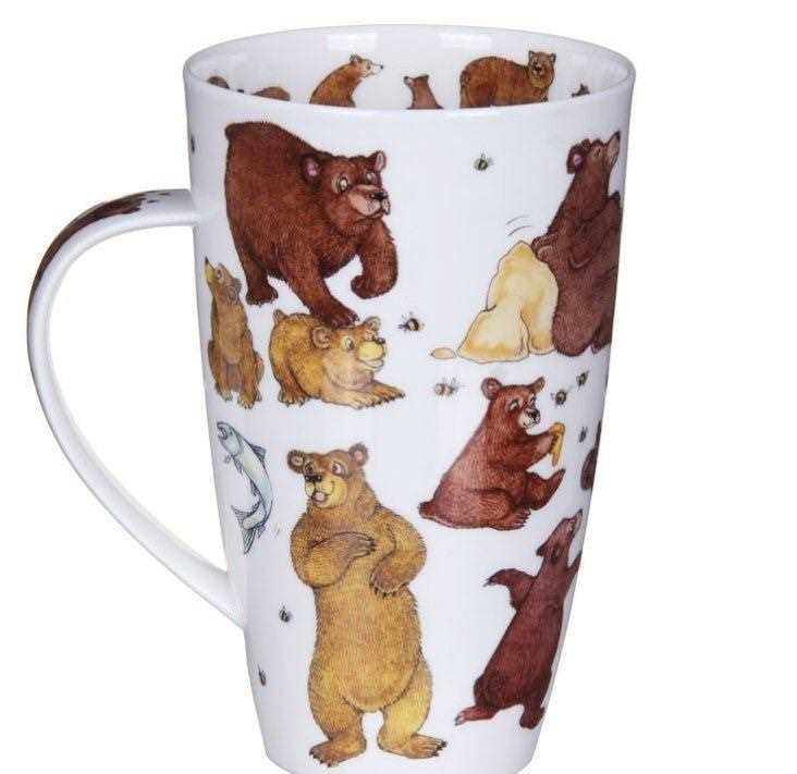 Hoher Kaffeebecher mit lustigen Bärenillustrationen, becher, porzellan, tiermuster, druck