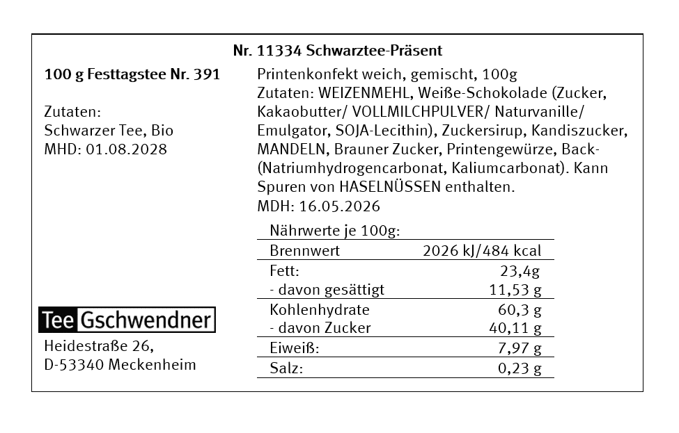 Schwarztee 100g Festtagstee Nr. 391 mit Printenkonfekt, Schwarztee, Bio, Festtagstee, 100 g, Zutaten: Weizenmehl?
