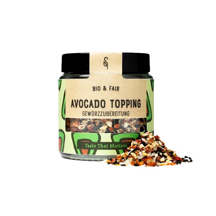 Jar of Organic Avocado Topping 55 g by SoulSpice with seasoning blend, ideal for avocado toast, guacamole, bowls and hummus