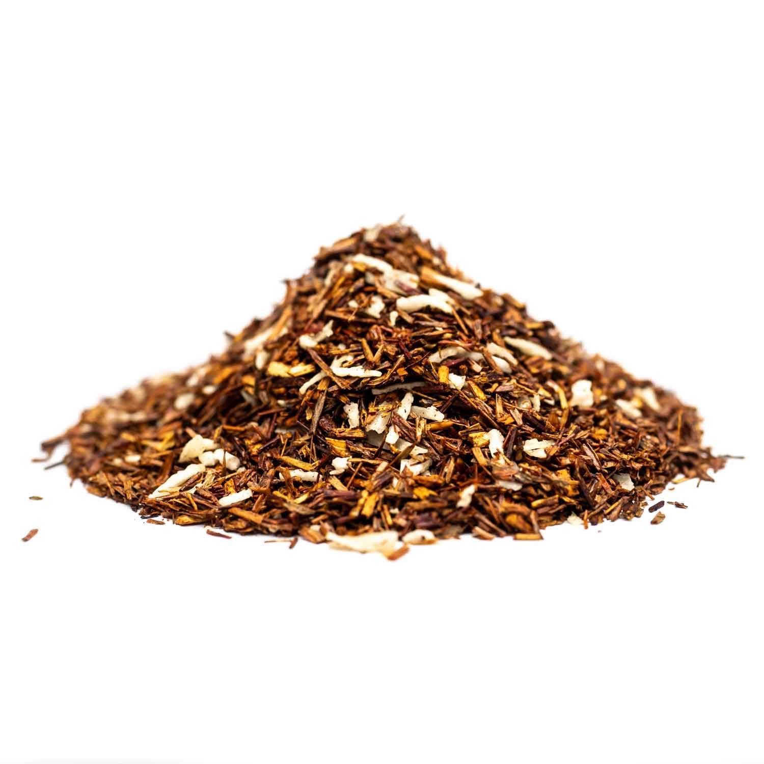 Haufen loser Rooibos-Tee mit Vanillestückchen, Tee-Rohmasse, lose Teeblätter, Rooibos, gemischt, Pulver/Späne