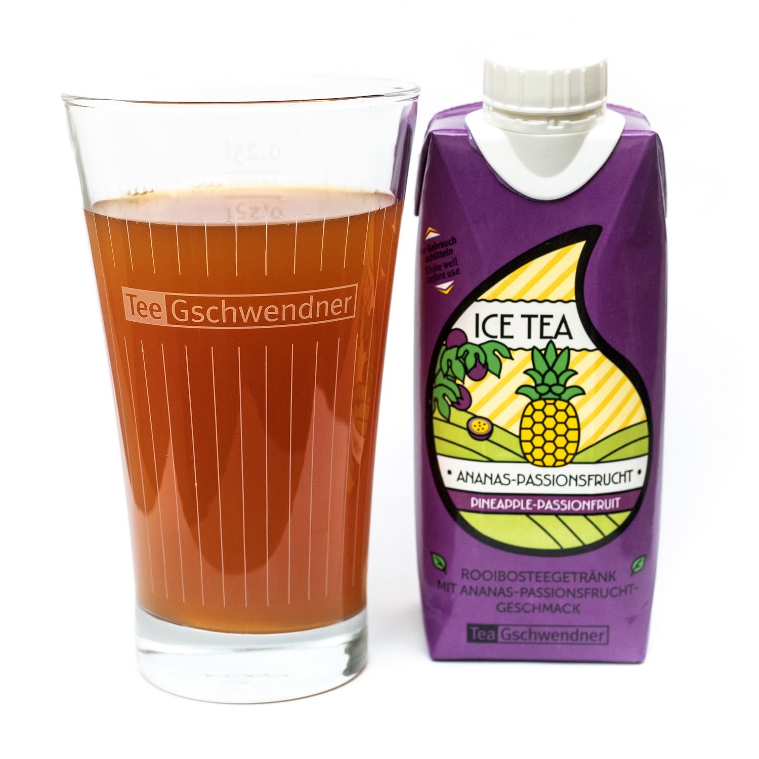 Tee Gschwendner Ice Tea Ananas-Passionsfrucht im Glas, Eistee, Ananas, Passionsfrucht, Fruchtsaft, Verpackung Karton