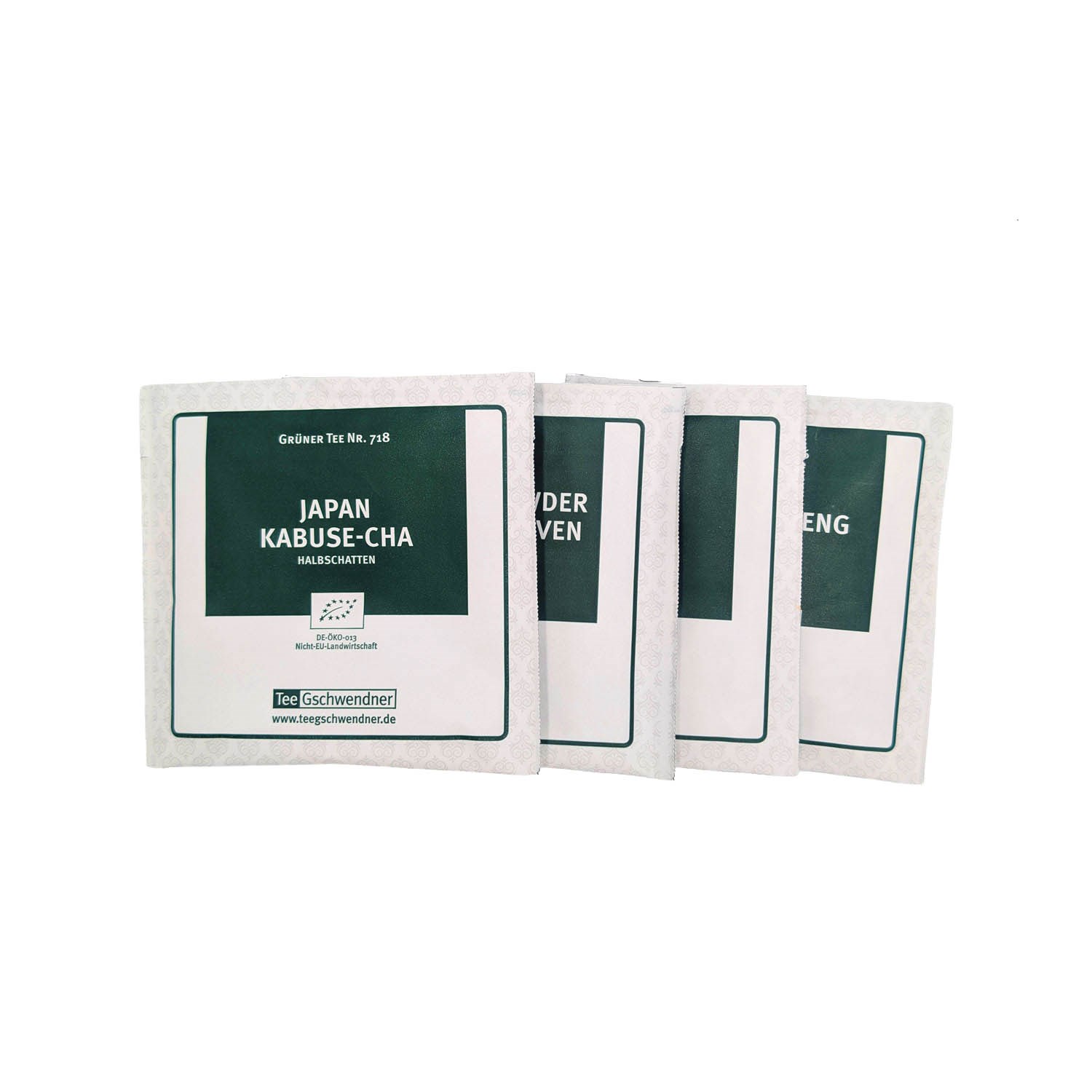 Several Tee Gschwendner tea bags with Japan Kabuse-Cha green tea in individual sachets