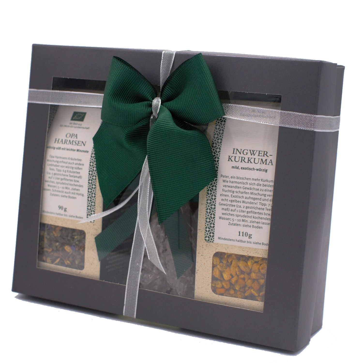 Schwarze Geschenkbox mit Opa Harmsen und Ingwer-Kurkuma Tee, Gewürzset, Kräutertee, Pflanzliche Gewürze, Geschenkset Verpackung, Grünes Band Geschenk