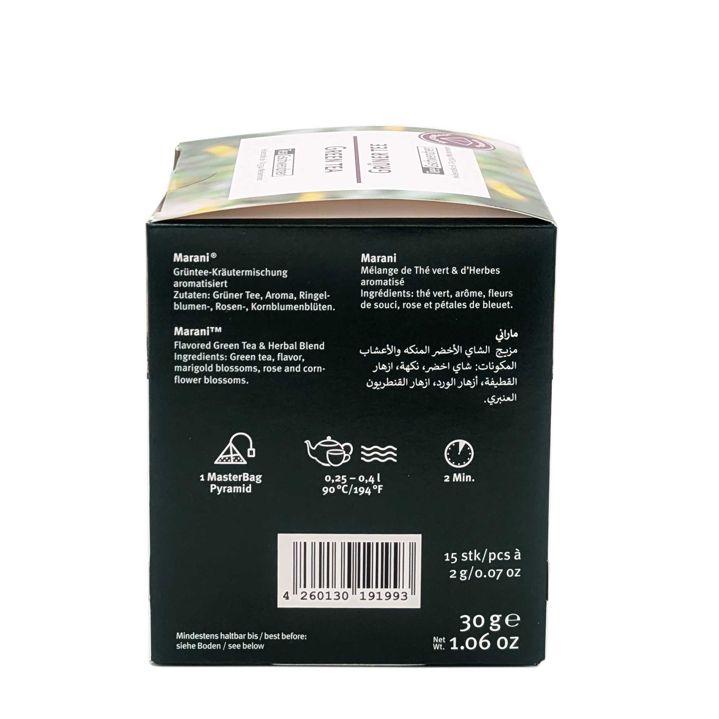Verpackung Marani Grüner Tee Kräutermischung 30g, tee, grüner tee, krautige mischung, box, 30 g
