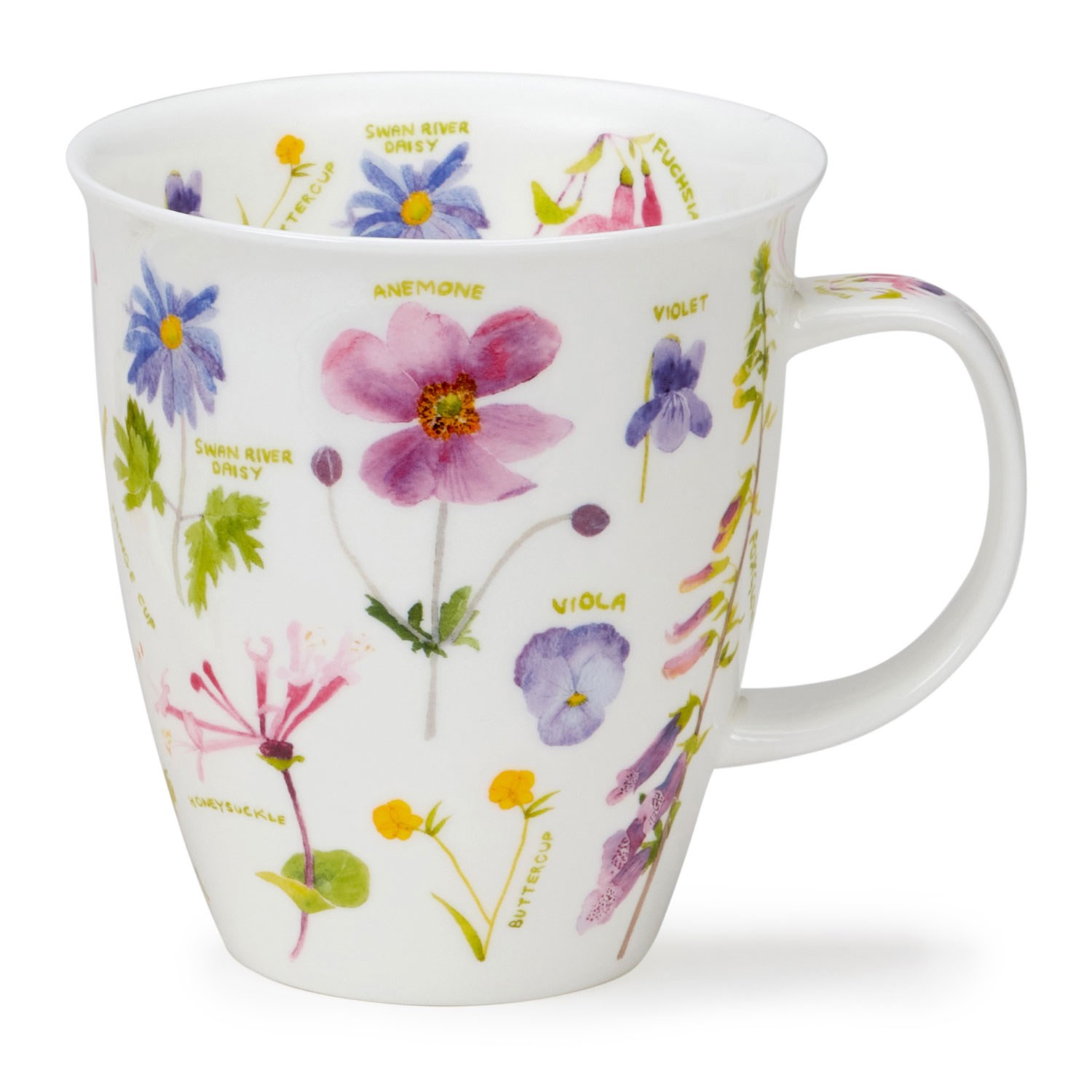 White porcelain mug with colourful flower motifs and botanical labels