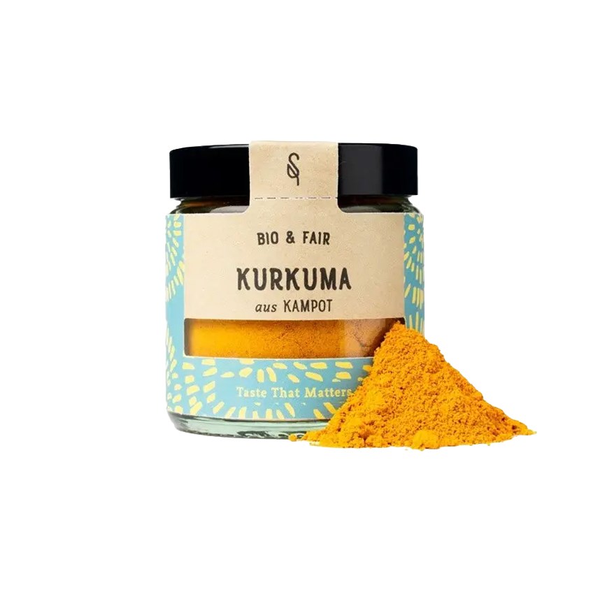 Jar of organic ground Kampot turmeric 60 g by SoulSpice with bright yellow turmeric powder on a white background