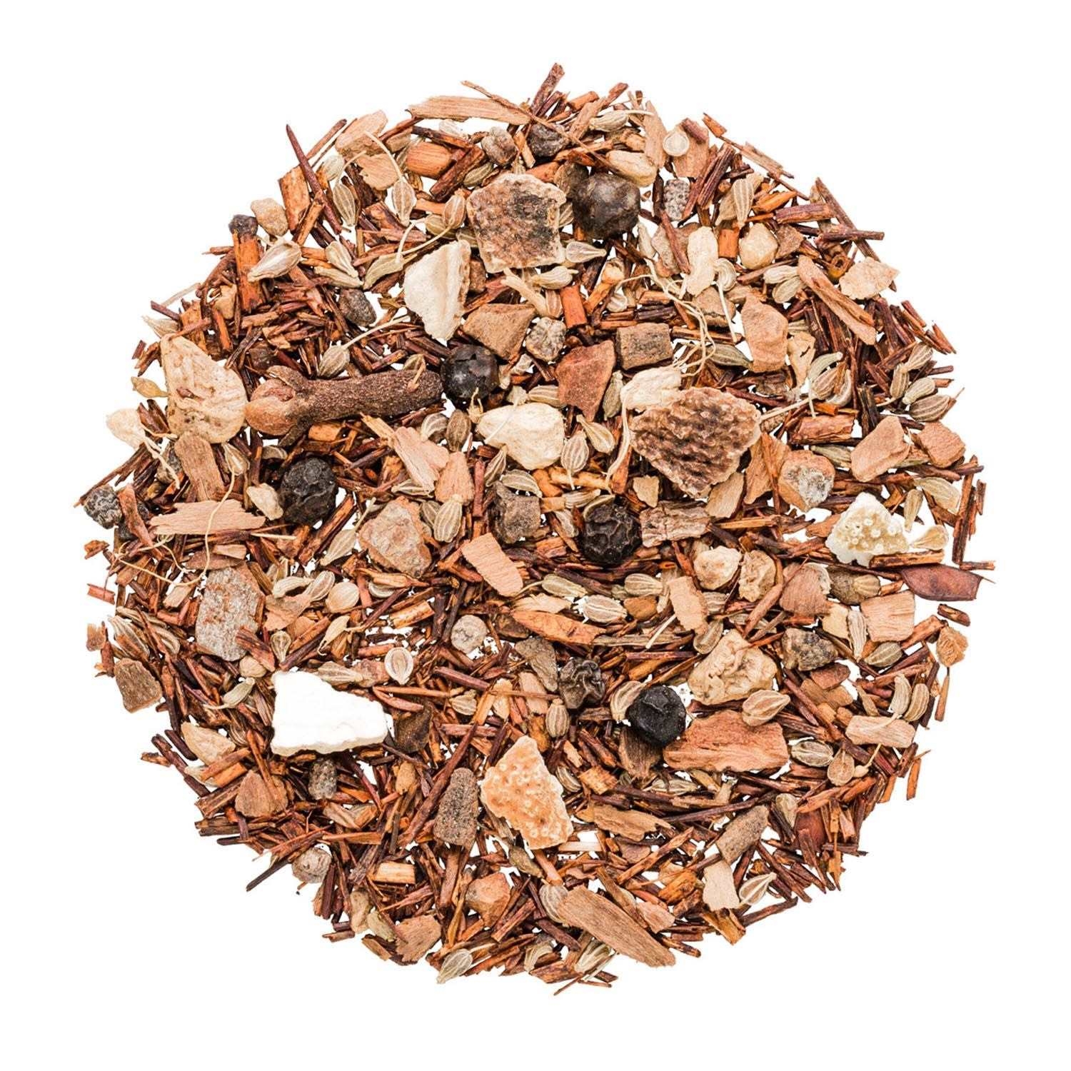 Runde Mischung aus losem Rooibos-Gewürztee, Kräuterteemischung, Hagebutte, Rosenknospen, Goji-Beere, Hirse?