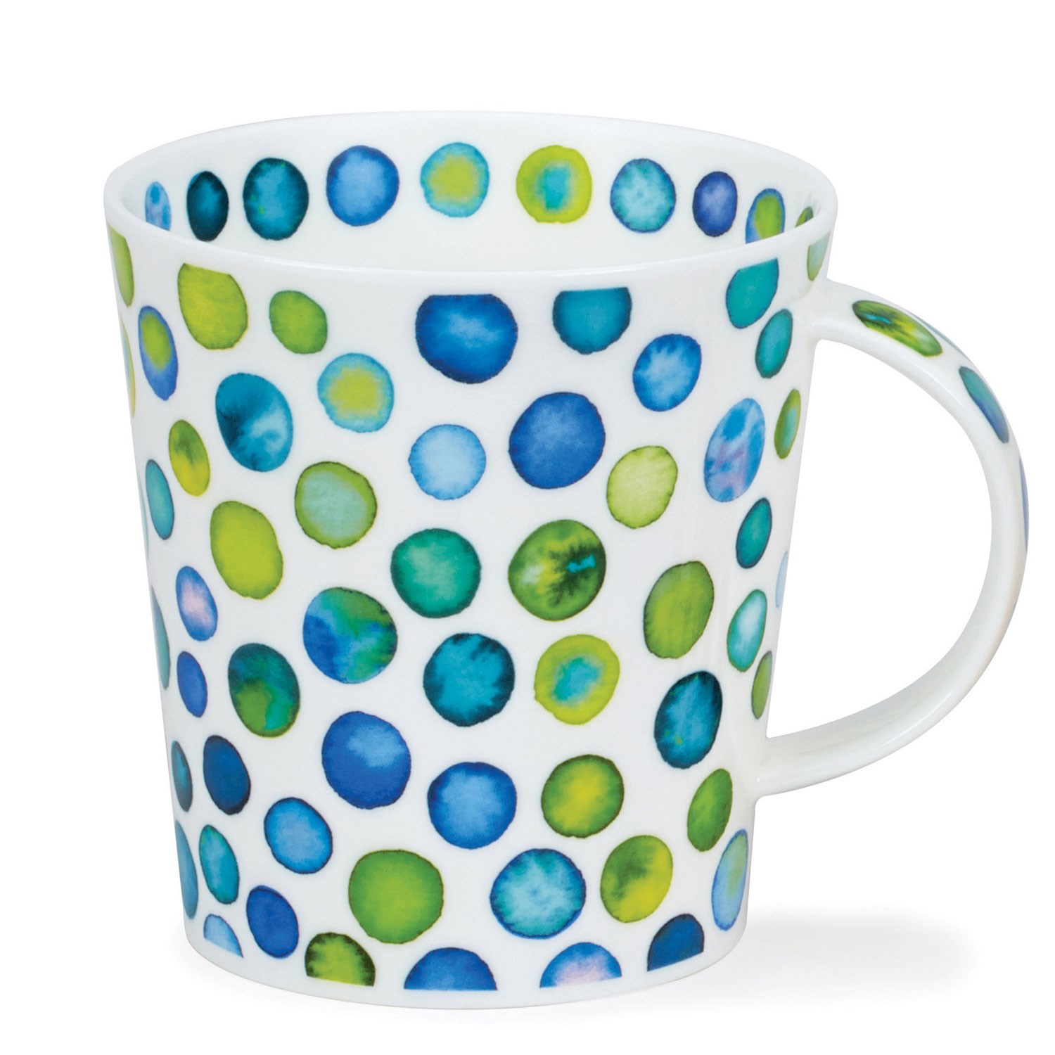 Weiße Porzellantasse mit blauen und grünen Punkten, Becher, Kaffeebecher, Porzellan, bunt, Punkte Muster