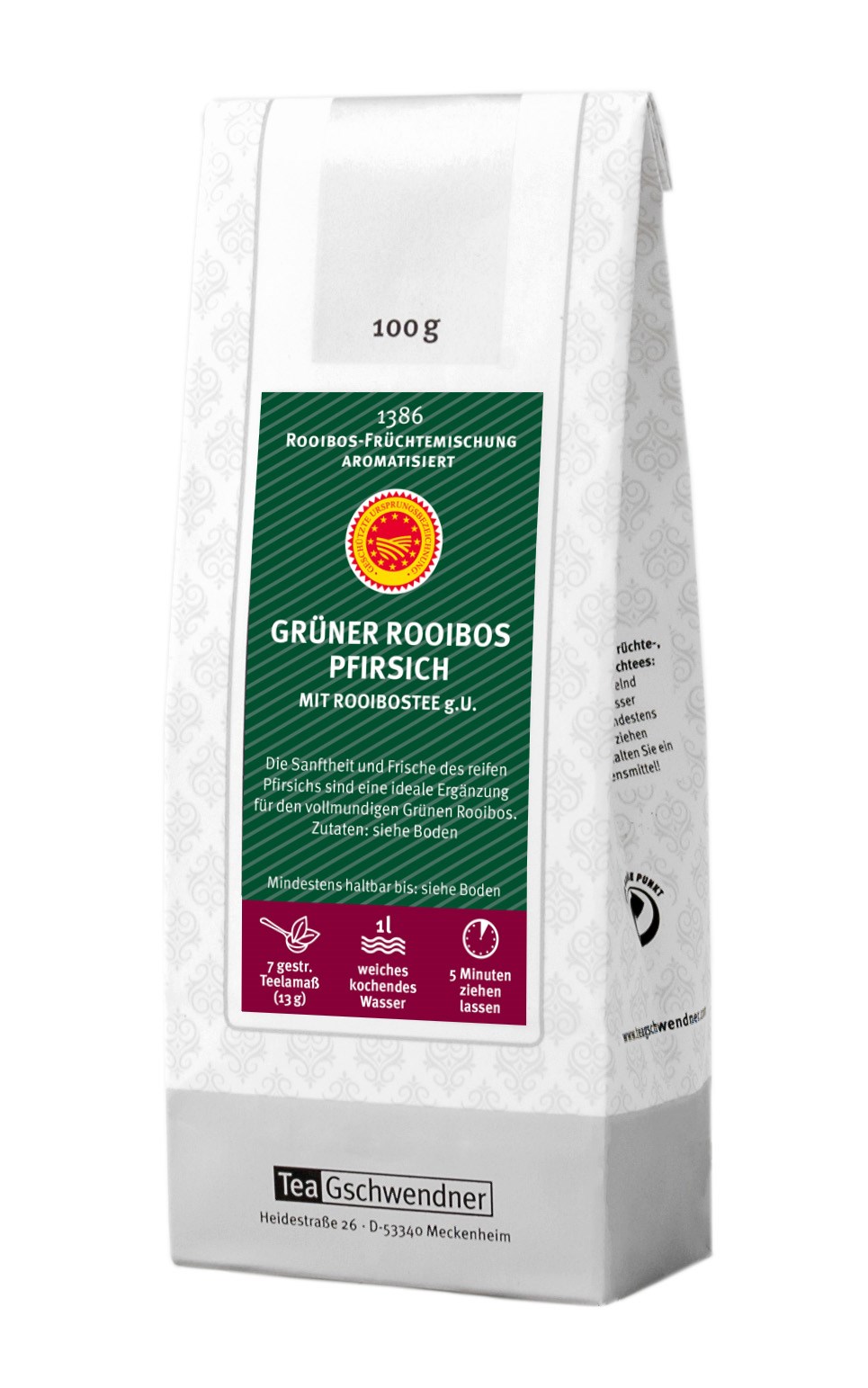 Teegschwendner Grüner Rooibos Pfirsich 100g Teepackung, Rooibos, Früchtetee, Pfirsich, Aromatisiert, 100 g