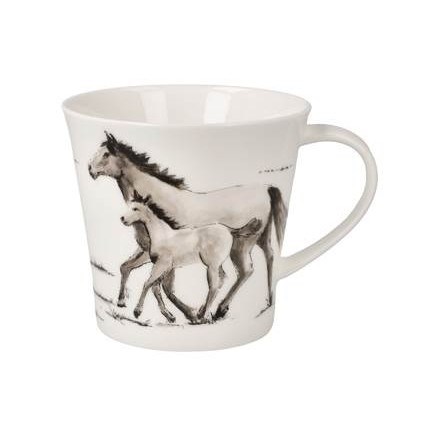 Weiße Porzellantasse mit Henkel und Pferde-Motiv, Stute und Fohlen in skizzenhafter Illustration, Tasse, Becher, Porzellan, Pferd, Tiermotiv