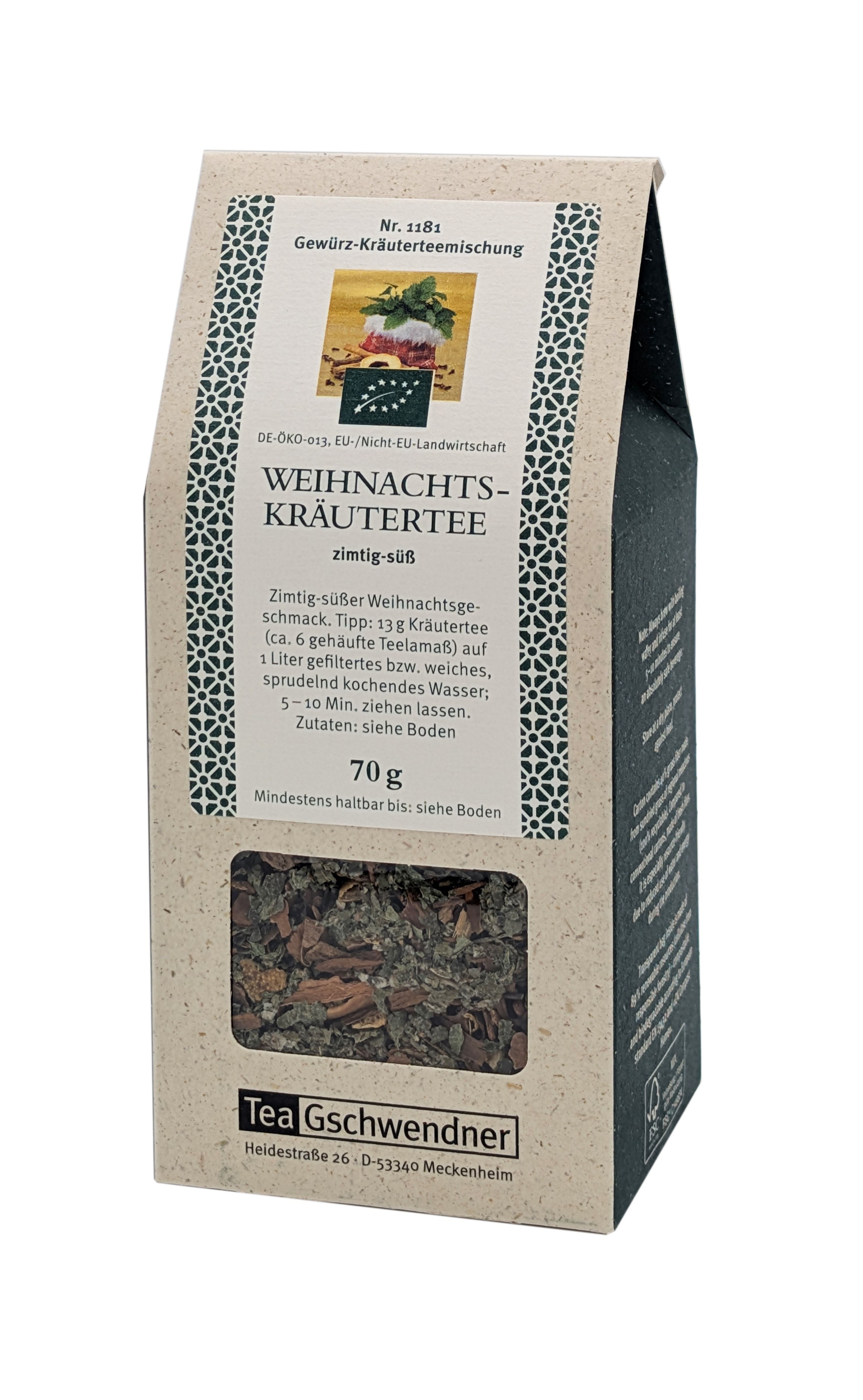 Packung Tea Gschwendner Weihnachts-Kräutertee zimtig-süß, Kräutertee, Weihnachts, 70 g, Zimt, Teemischung