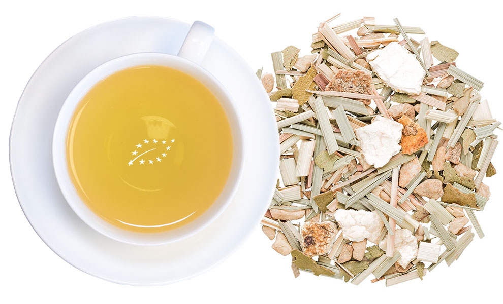 Weiße Tasse Kräutertee neben loser Teemischung, Kräutertee, Kräutertee-Mischung, Getränk, Teekanne, Spezialtee