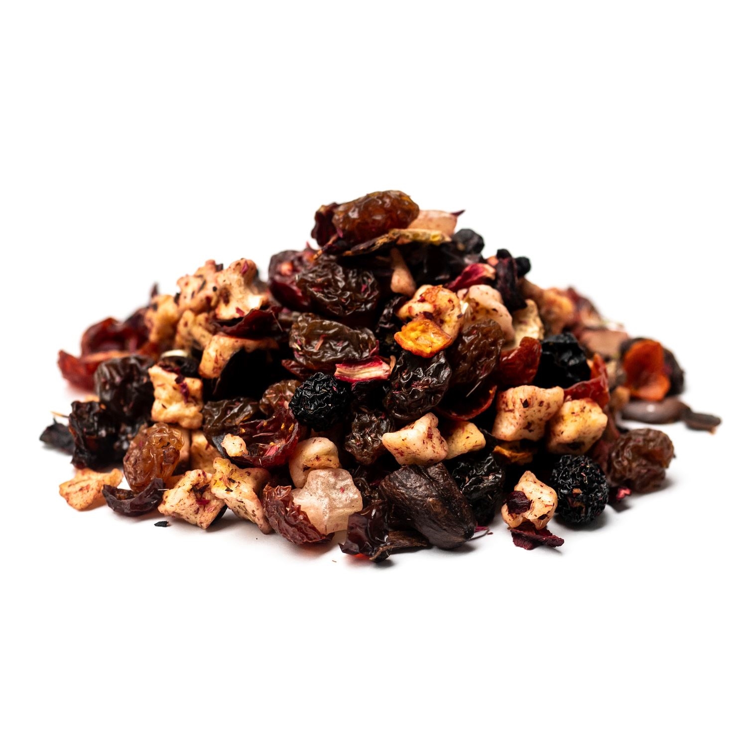 Bunter Mix aus Trockenfrüchten auf weißem Hintergrund, Trockenobst, Beerenmix, Rosinen, Sultanina, Fruchtstücke