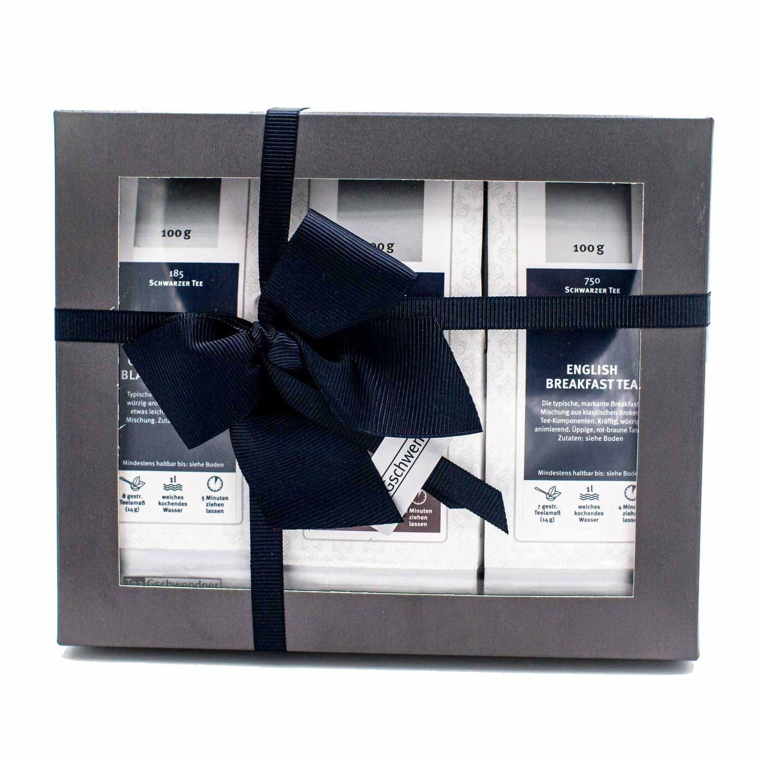 Schwarztee Geschenkbox mit edler schwarzer Schleife, tee, geschenkbox, englischer frühstückstee, boxenset, schwarzes band
