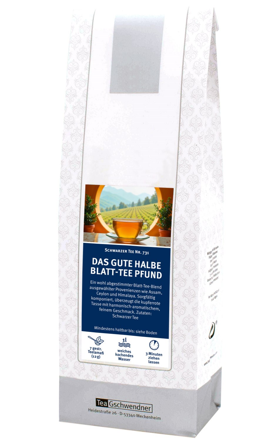 Packung TeaGschwendner Schwarzer Tee Das gute halbe Blatt-Te, Schwarztee, Blatttee, Pfund, 1 L, Teebeutel-Form