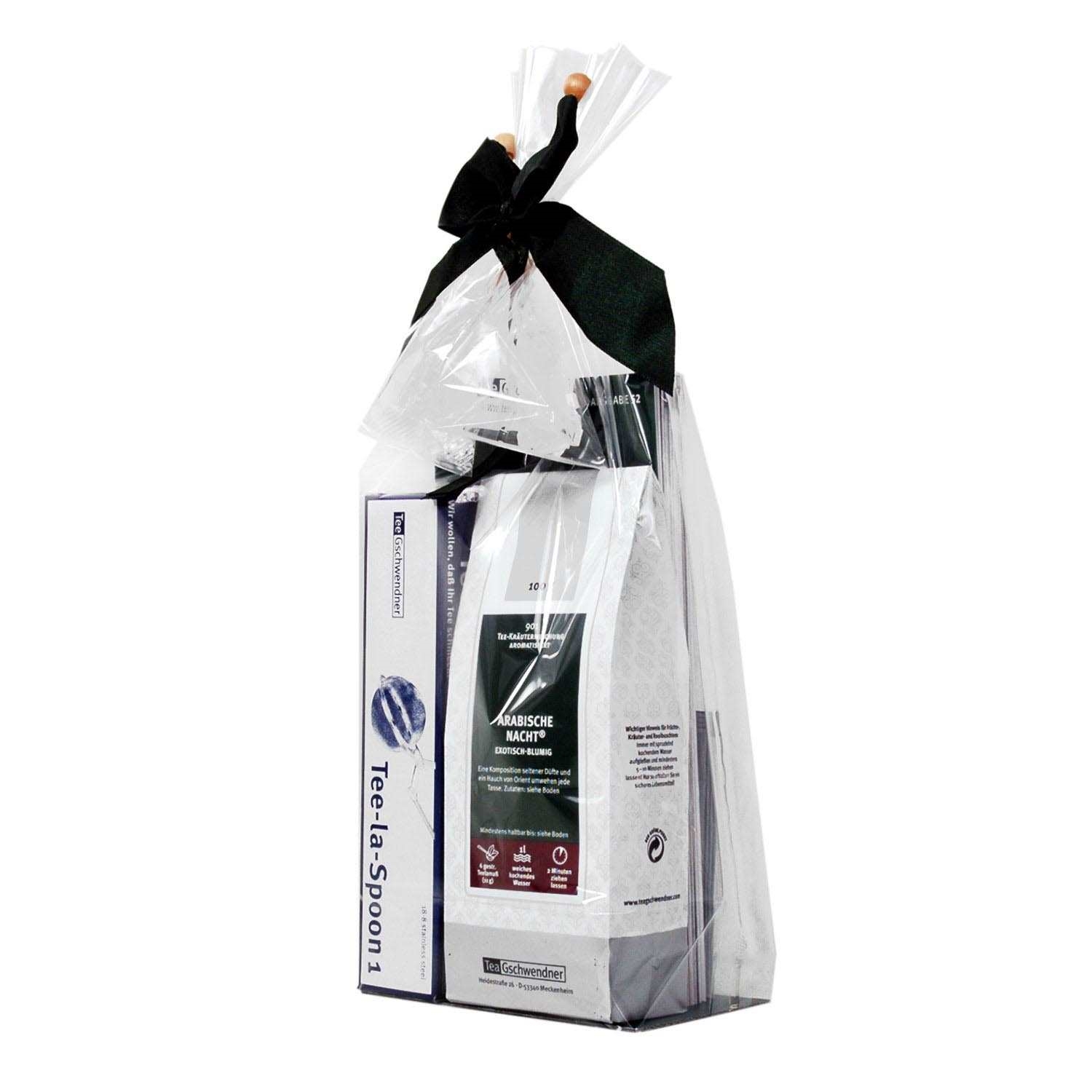 TeeGschwendner Geschenkset mit Arabische Nacht Tee, Teelöffel, Spendenverpackung, Schwarz-weiß, Kartonverpackung, Teeset