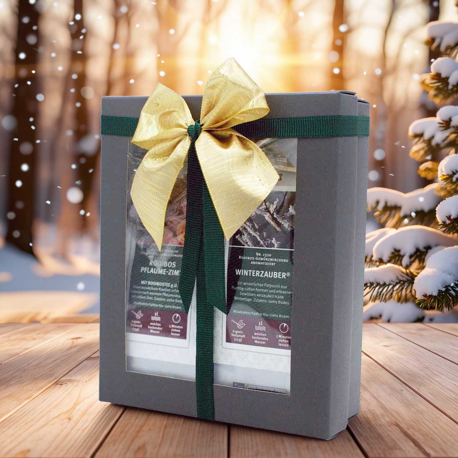 Coffret cadeau élégant avec thé d'hiver et nœud doré, sur fond scintillant