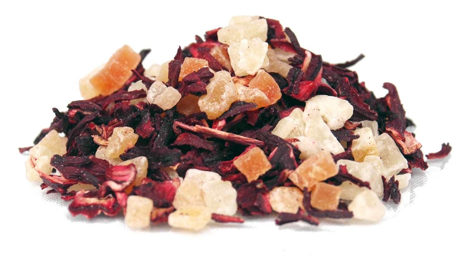 Lose Früchtetee-Mischung mit Ananas und Hibiskus, Getreide, Rooibos, Fruchtstücke, Blütenblätter, Tee-Mischung
