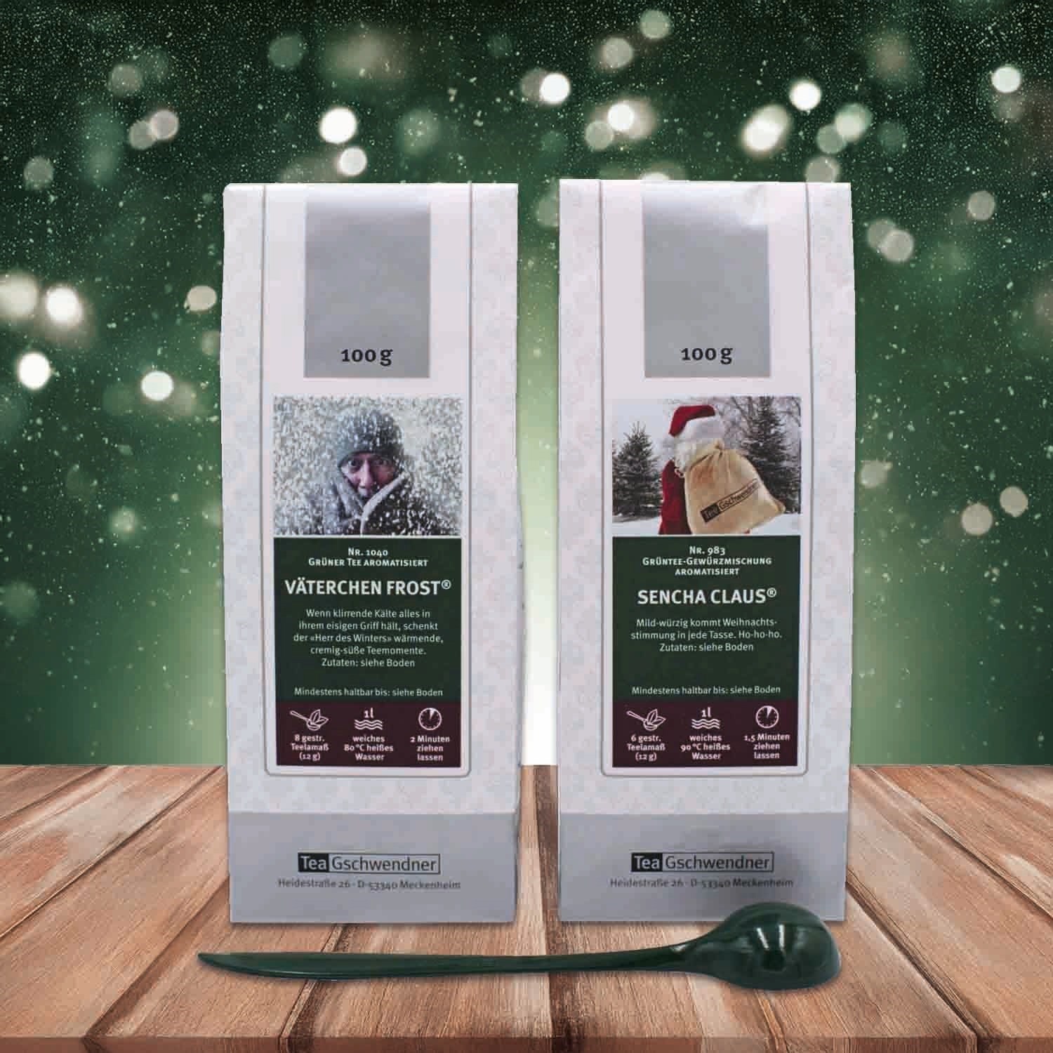 Two packs of flavoured green tea: Väterchen Frost and Sencha Claus, 100g, with a festive background.