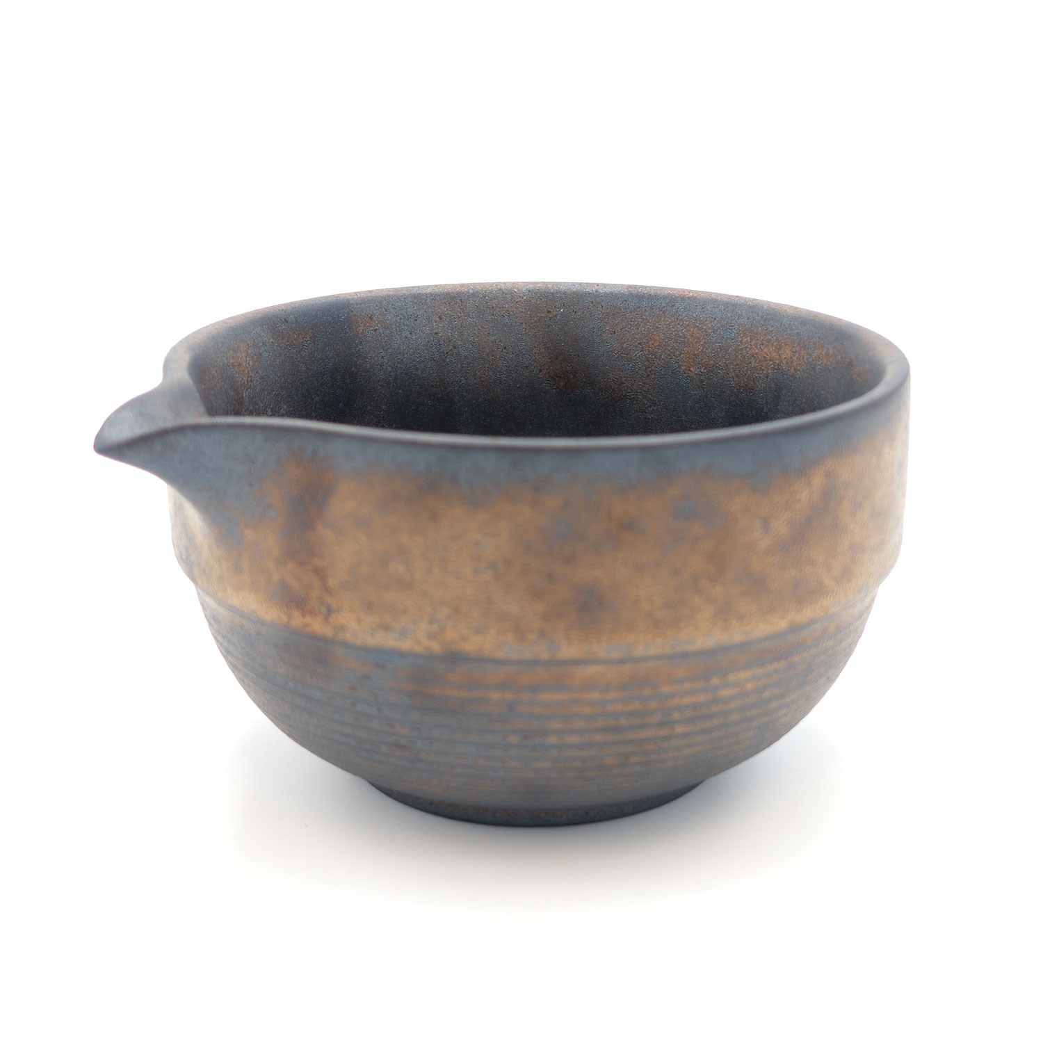 Brown handmade matcha tea bowl with side pouring spout
