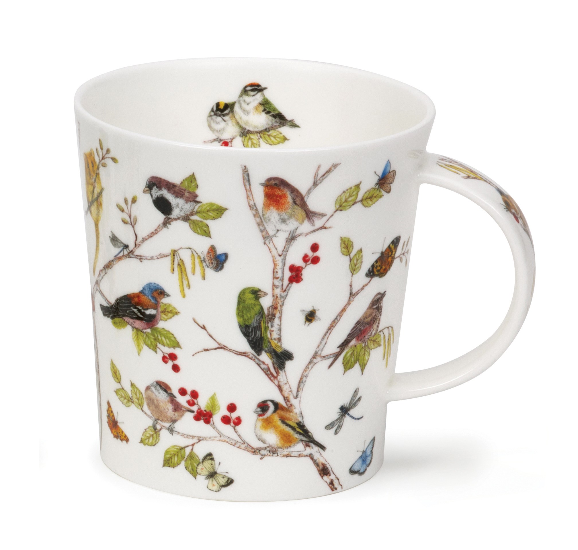 Weiße Porzellantasse mit farbenfrohen Vögeln auf Ästen, Tasse, Porzellan, Vögel Muster, Blumenzweige, Becher mit Vogelmotiv