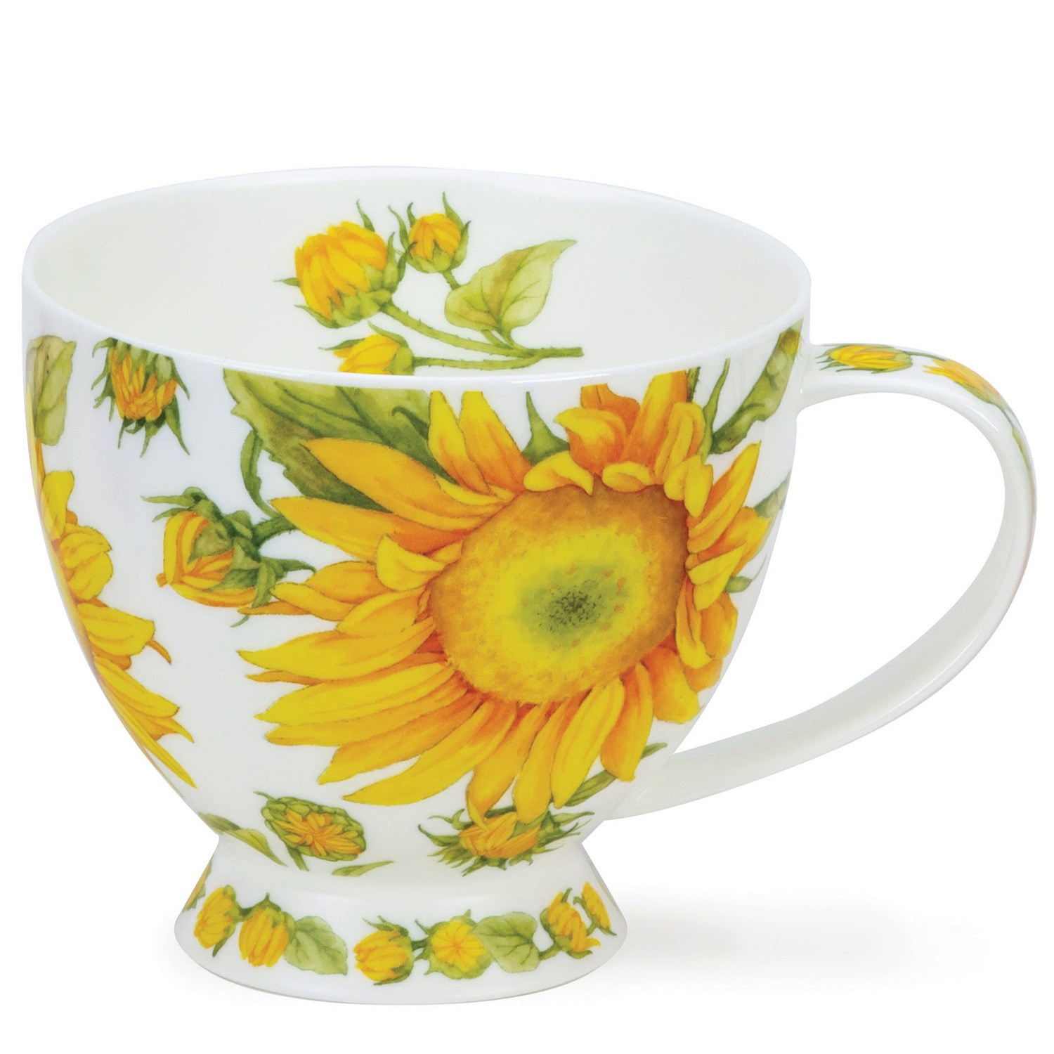 Weiße Porzellantasse mit gelben Sonnenblumen, Sonnenblumen-Tasse, Keramikbecher, gelbe Blume, Botanische Tasse, musterte Tasse
