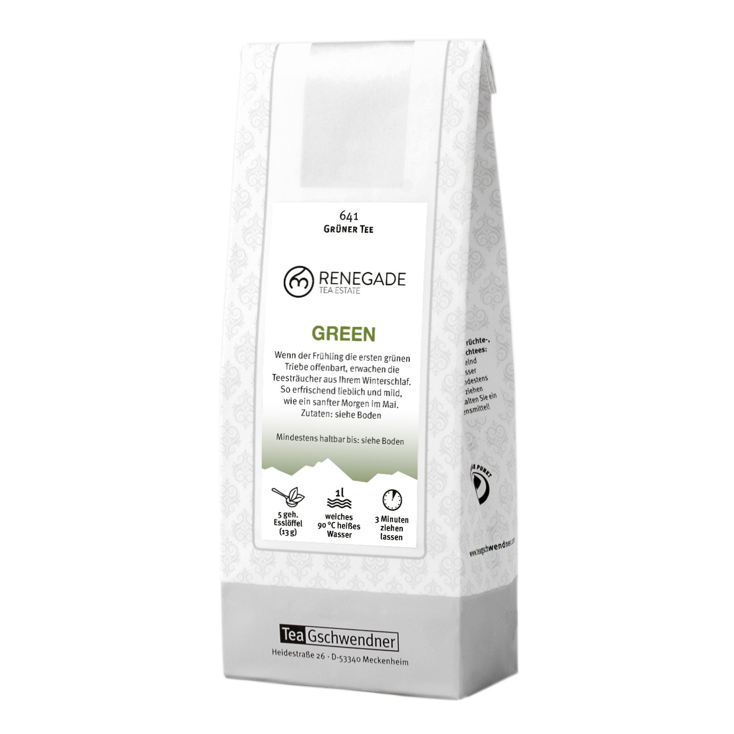 Packung TeaGschwendner Renegade Green, grüner Tee, Grüner Tee, Green Tea, Teepackung, 1 L, Teesorte Grün