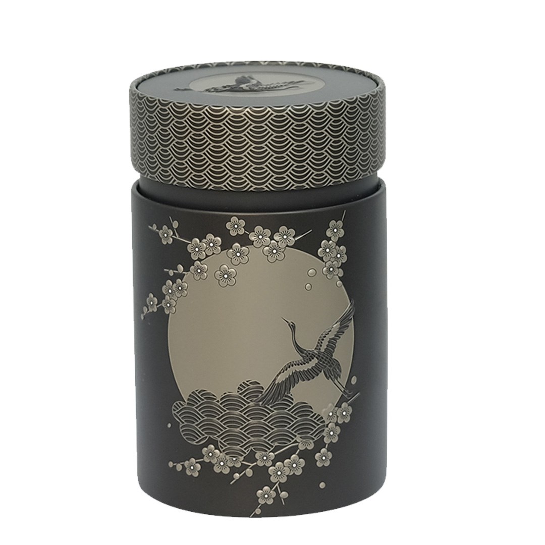 Schwarze Japan Teedose mit Kranich und Kirschblüten, Damenkosmetik-Dose, Tonzierbox, Manschettenkanume, Japanscher Stil, Schwarz-Gold-Design