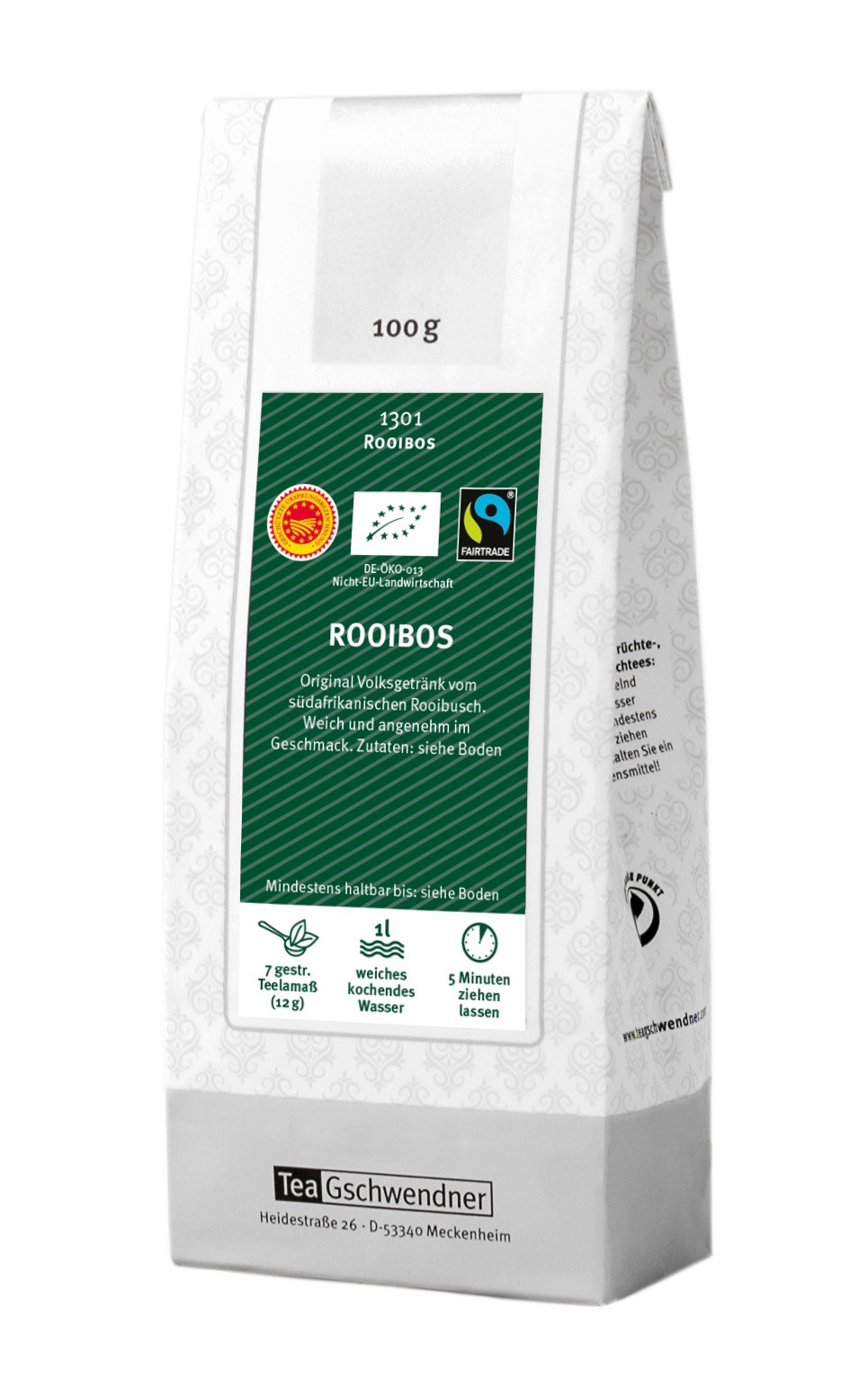 Weiße Teepackung TeaGschwendner Rooibos 100g, Rooibos, Rooibos-Tee, 100 g, Teepackung, Fairtrade
