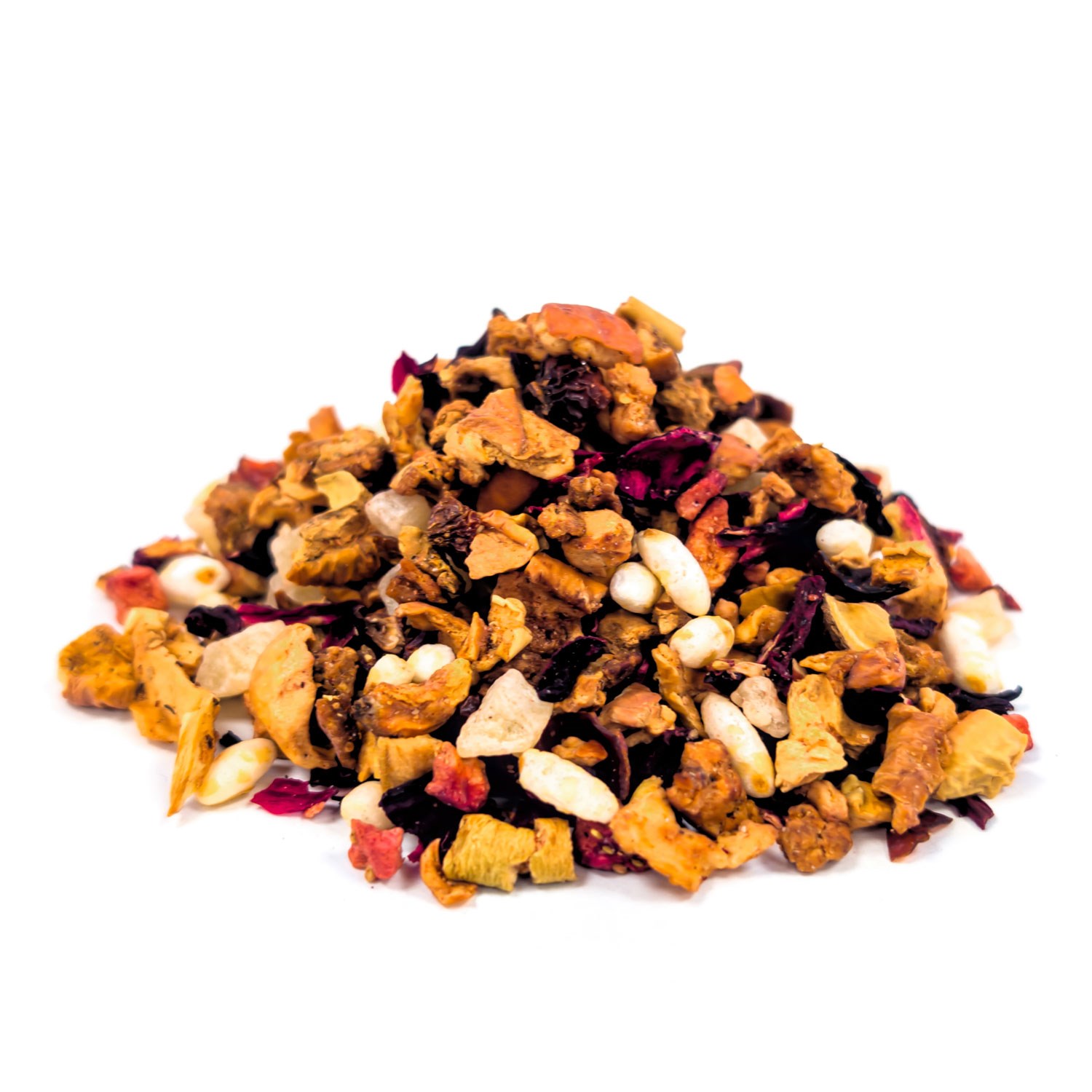 Colourful loose fruit tea blend on white background