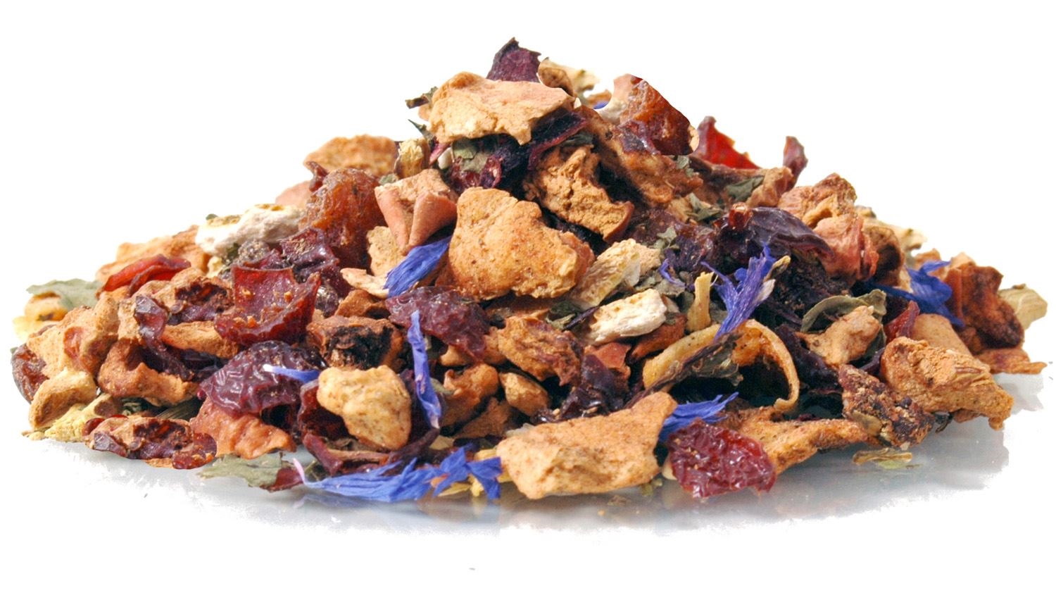 Bunte Früchtetee-Mischung mit getrockneten Blüten, Kräutertee, Blütenmischung, Trockenblumen, Kräutertee-Mischung, Blütenstücke
