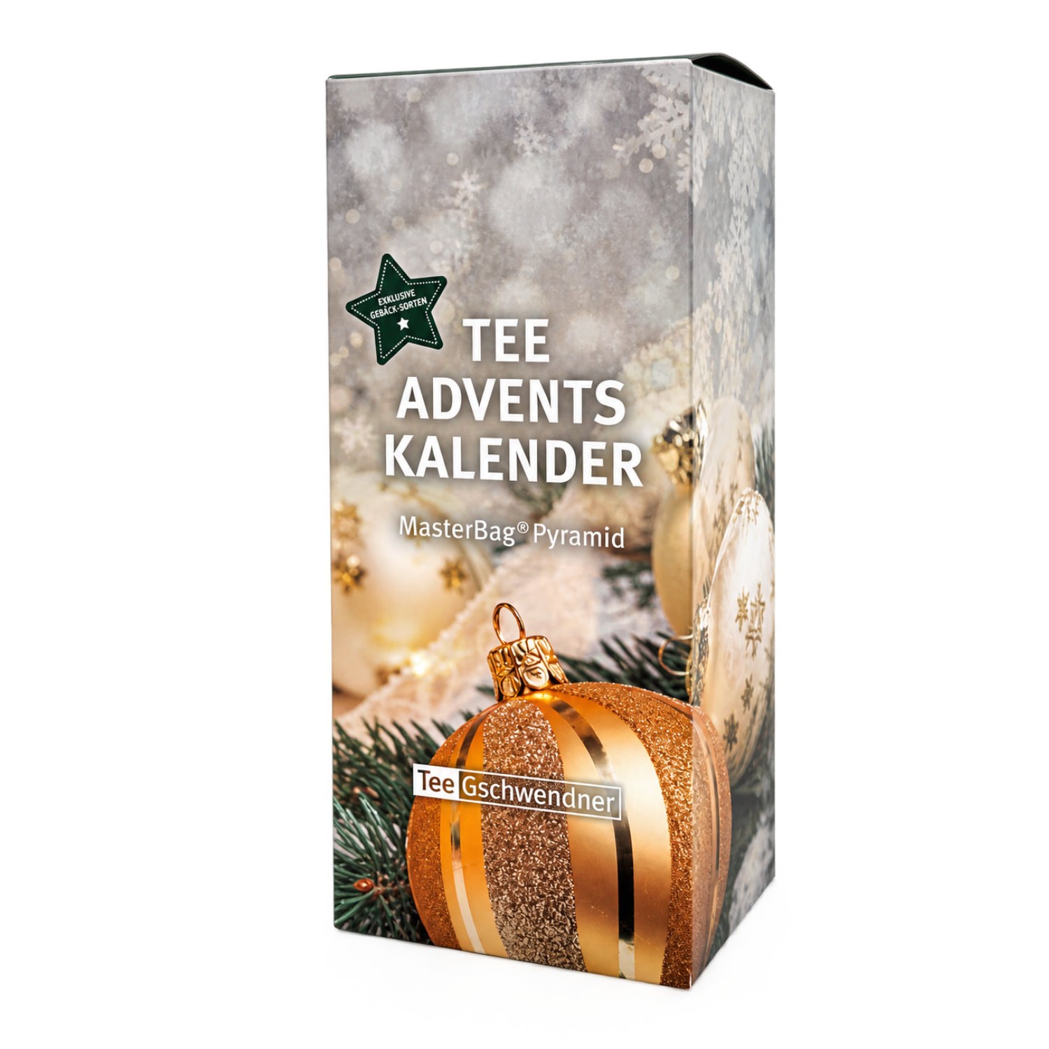 Tee Gschwendner Tee Adventskalender MasterBag Pyramid, tee adventskalender, adventskalender, tee, paket, gift, TEE, Adventskalender, Kunststoffverpackung, Goldene Ornament, Pyramiden-Design