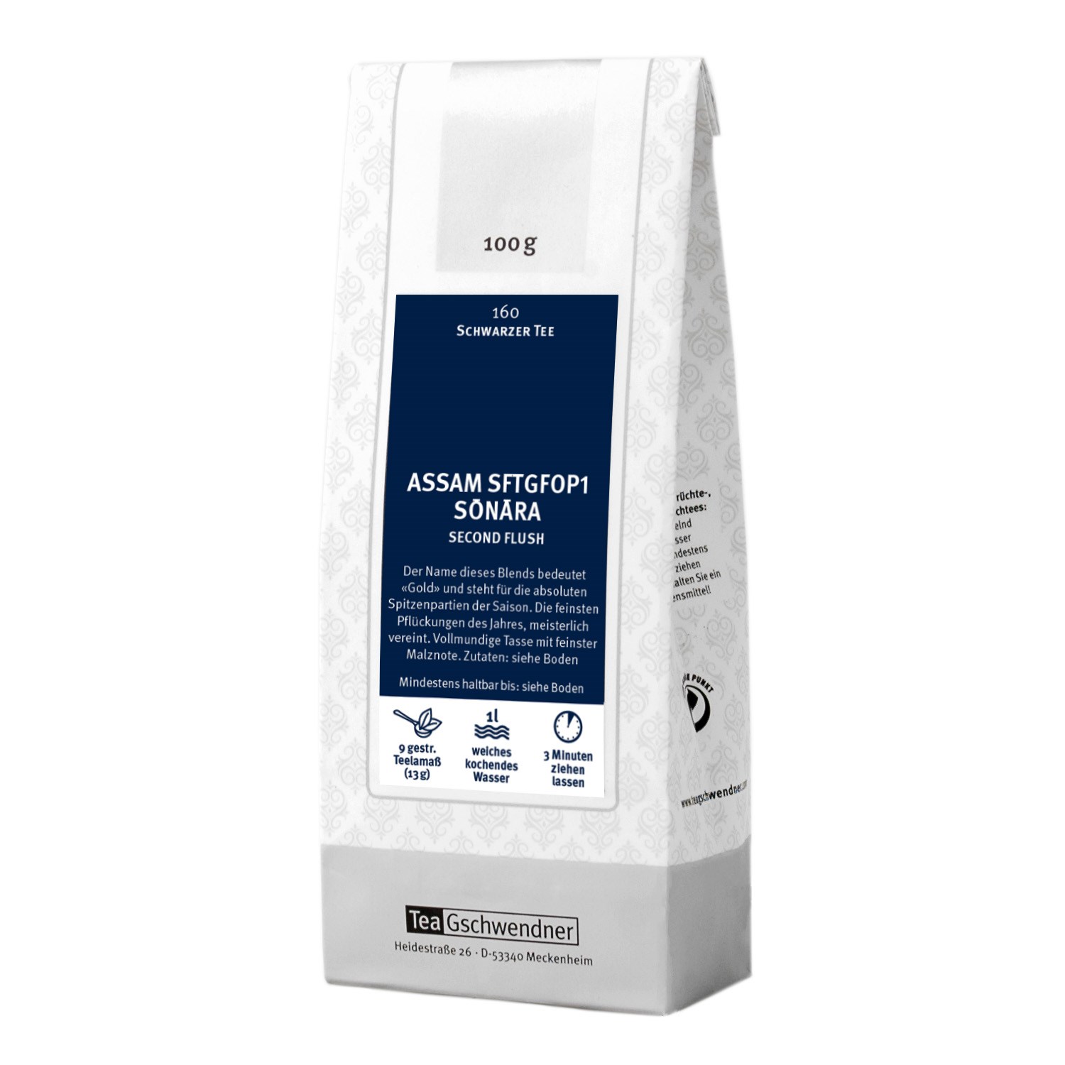 Teegschwendner Assam SFTGFOP1 Sônara Schwarzer Tee 100g, Schwarztee, Second Flush, 100 g, Tee-Beutel, 1 l Wasser