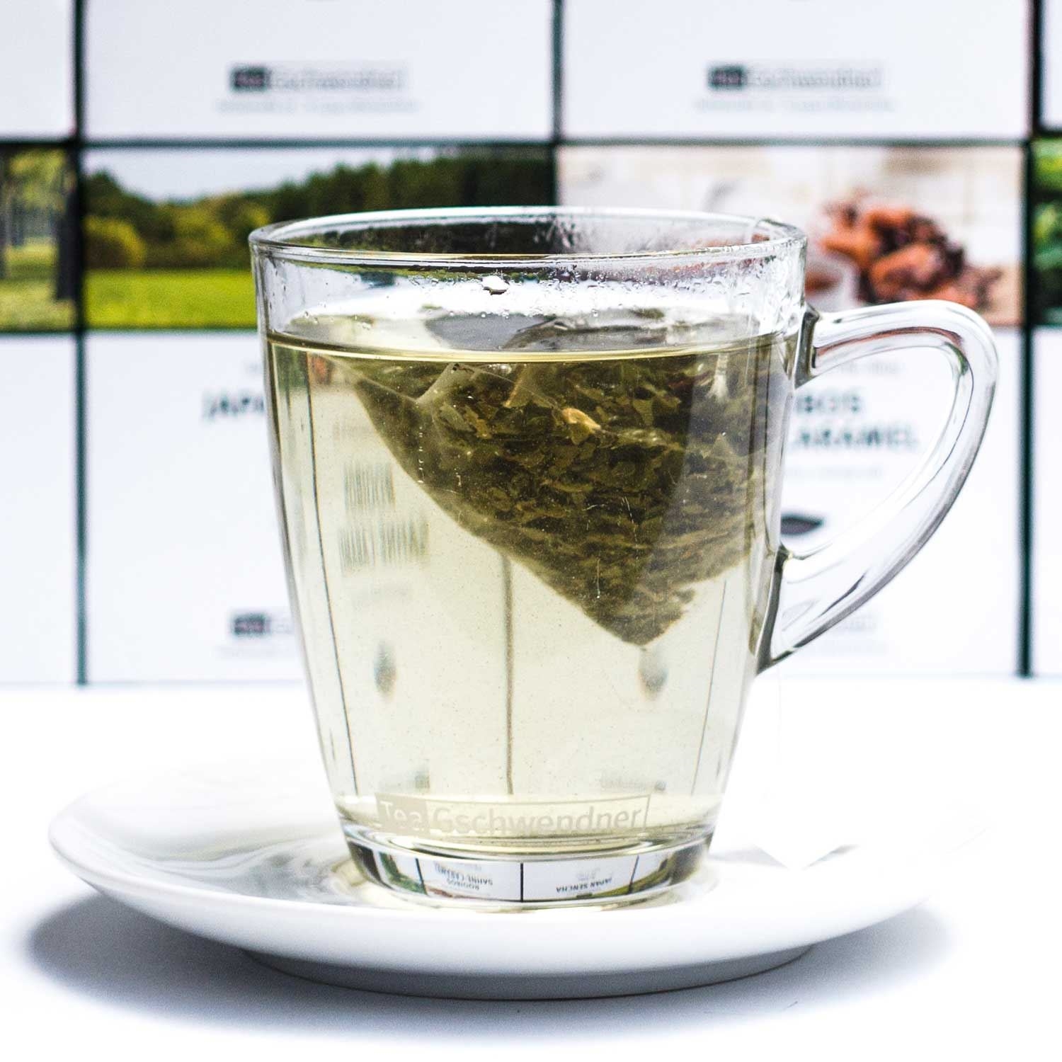 Transparente Teetasse mit Teebeutel auf Untertasse, Teekanne, Teebeutel, Klarer Tee, Glasbecher, Teezubereitung