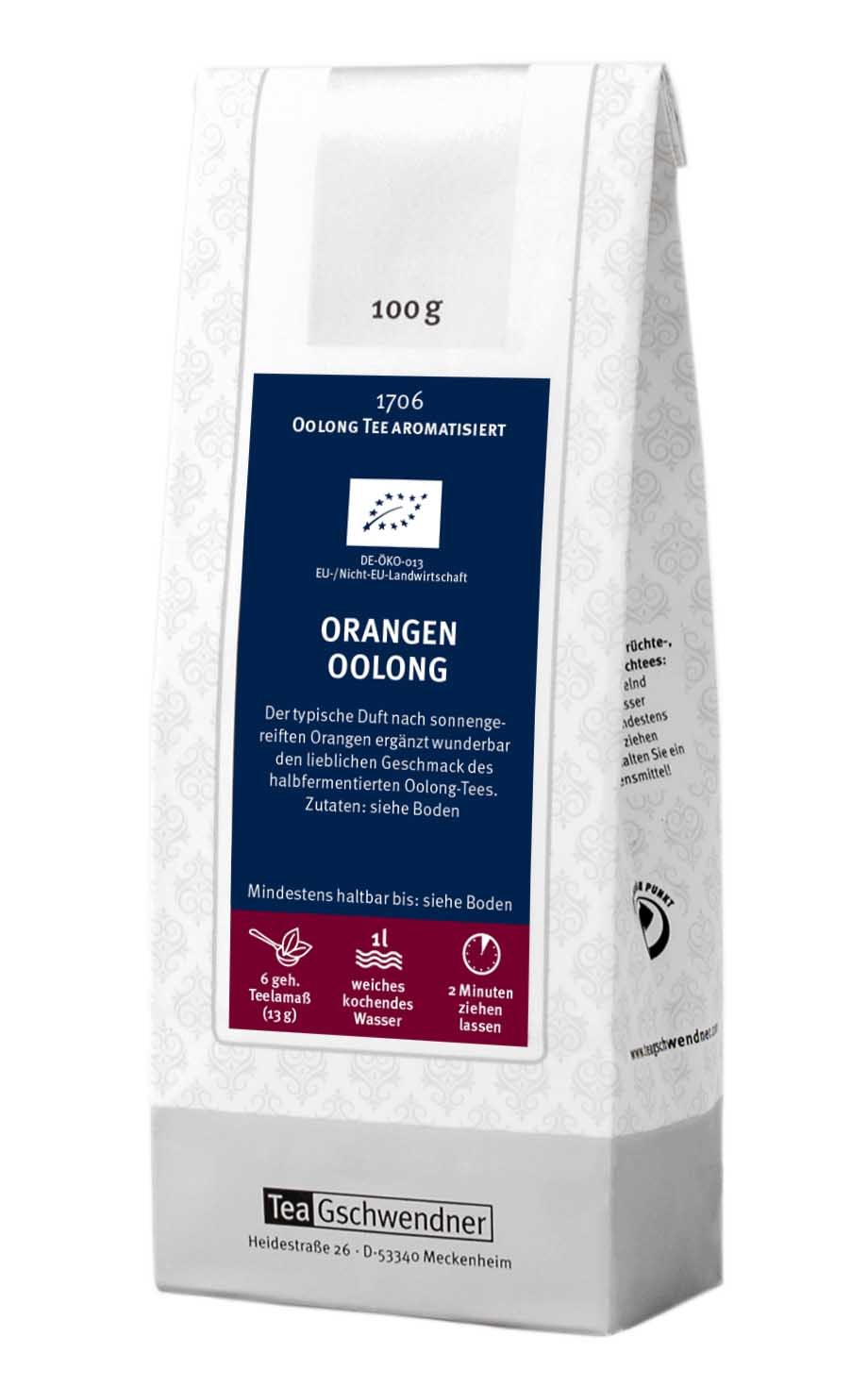 Weiße 100g-Packung TeaGschwendner Orangen Oolong Tee, Oolong, Orangen, Tee, Teemischung, Gewürztee