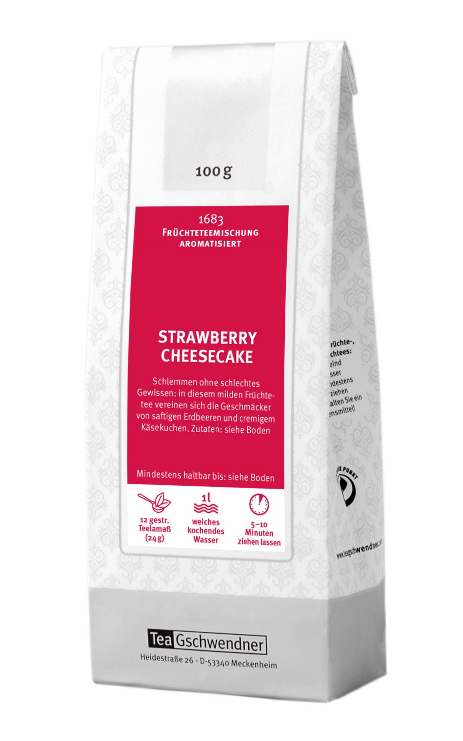 TeaGschwendner Früchtetee Strawberry Cheesecake 100g Beutel, Erdbeere, Käsekuchen, Früchtetee, Aromatisiert, 100 g