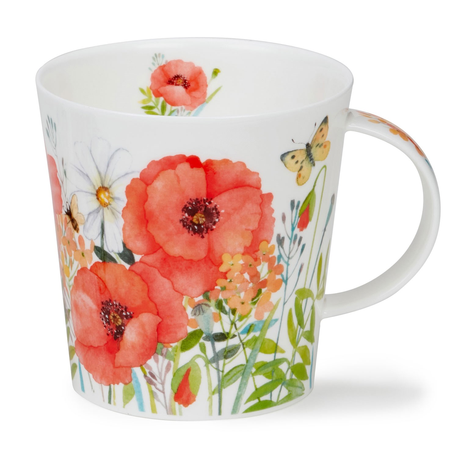 White porcelain mug with vibrant poppy, meadow flower and butterfly decoration
