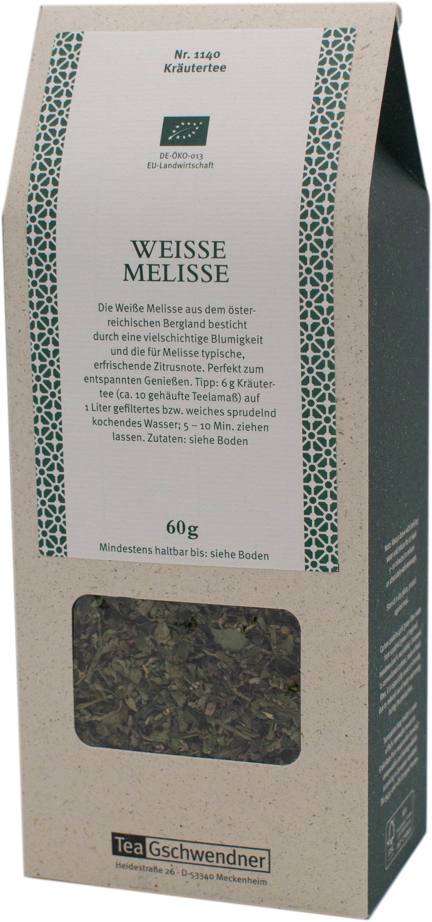 Packung TeaGschwendner Kräutertee Weiße Melisse 60g, Kräutertee, Weißer Melisse, 60 g, Teeblätter, Beutelverpackung