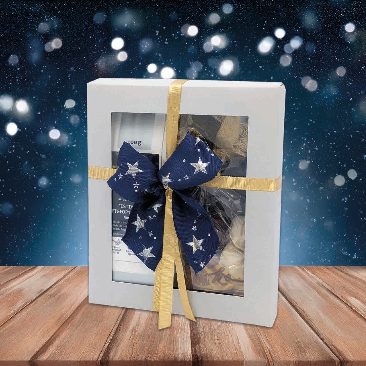 Edle Geschenkbox mit Schleife im festlichen Sternendesign, Geschenkset, Boxed gift, Schachtel, Sterne, Ribbons