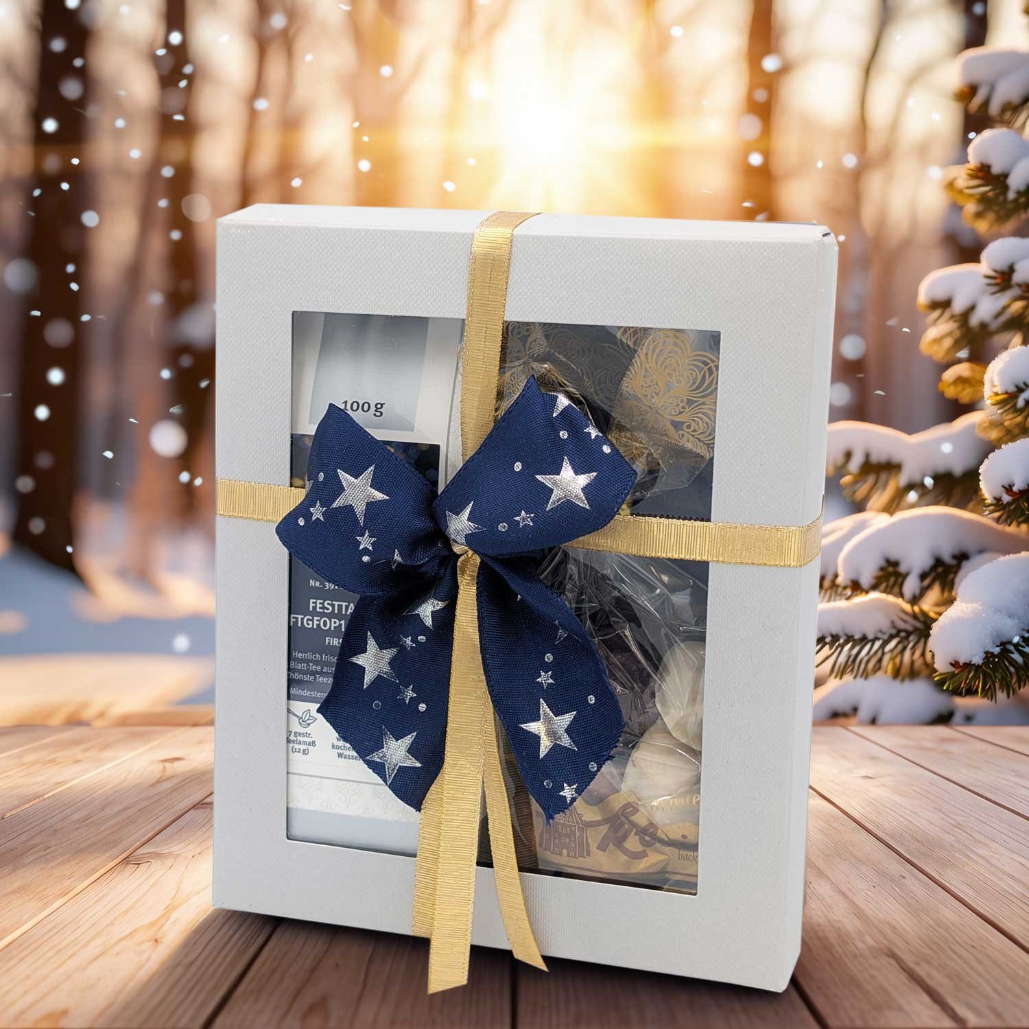 Edle Geschenkbox mit Schleife im festlichen Sternendesign, Geschenkset, Boxed gift, Schachtel, Sterne, Ribbons, Tee-Geschenkset, Teebox, Geschenkverpackung, Sternenmuster, Goldene Schleife
