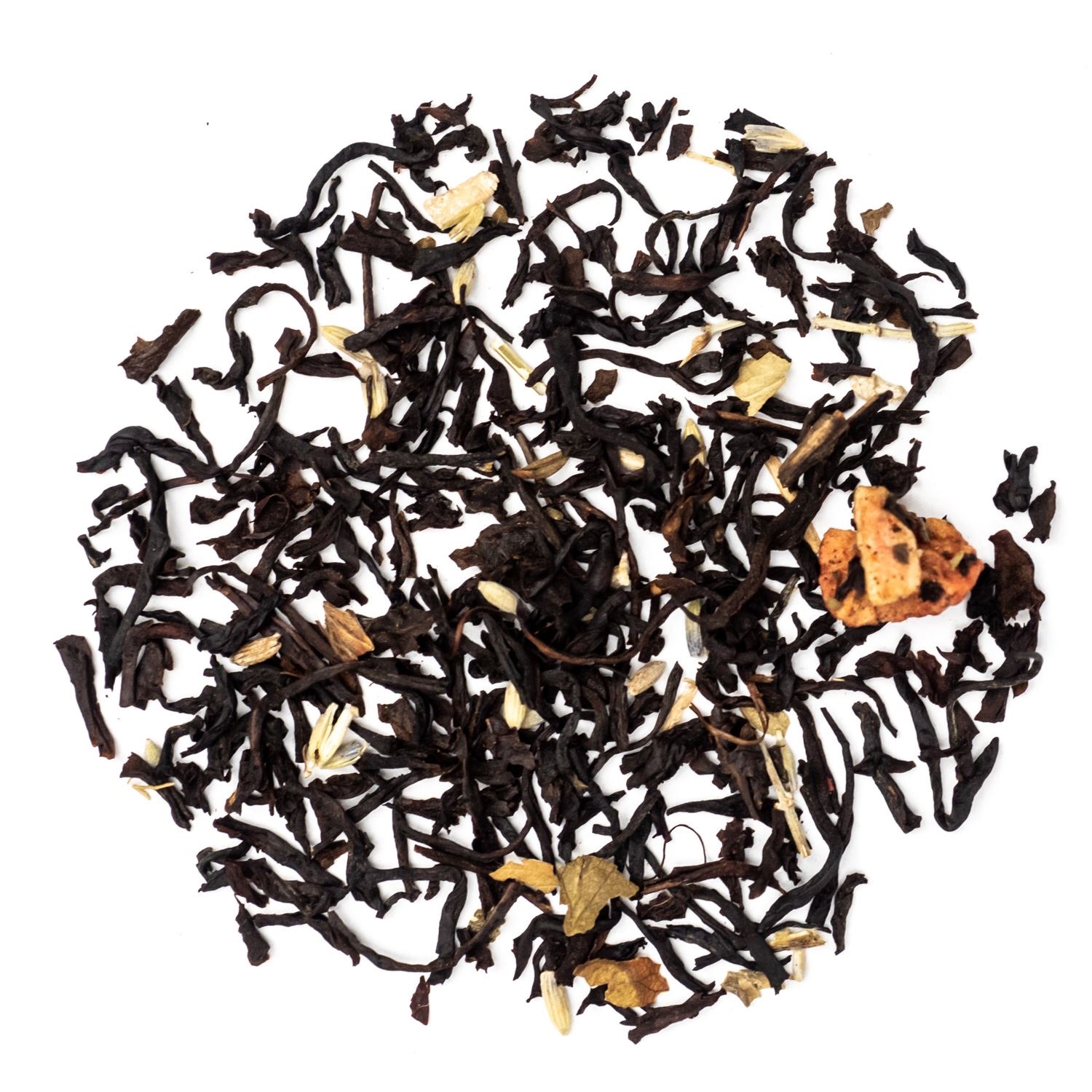 Lose schwarzer Tee mit Orangen- und Blütenstücken, tee, tea leaves, schwarzer tee, kräuter mischnung, lose tee