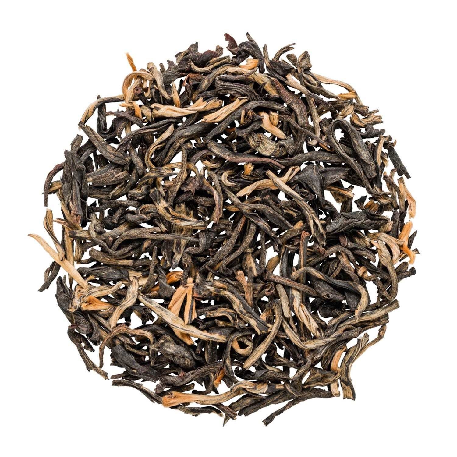 Nahaufnahme loser Schwarzer Tee mit Blattspitzen, Tee, Schwarztee, Lose Blatttee, Gedrehte Blätter, Orange Pekoe