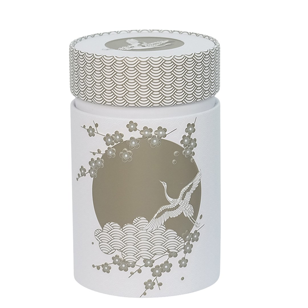 Runde weiße Teedose mit goldener Kranich- und Blütenkunst, Teedose, Keramikdose, Dekorative Dose, Blumenmuster, Kranich-Design