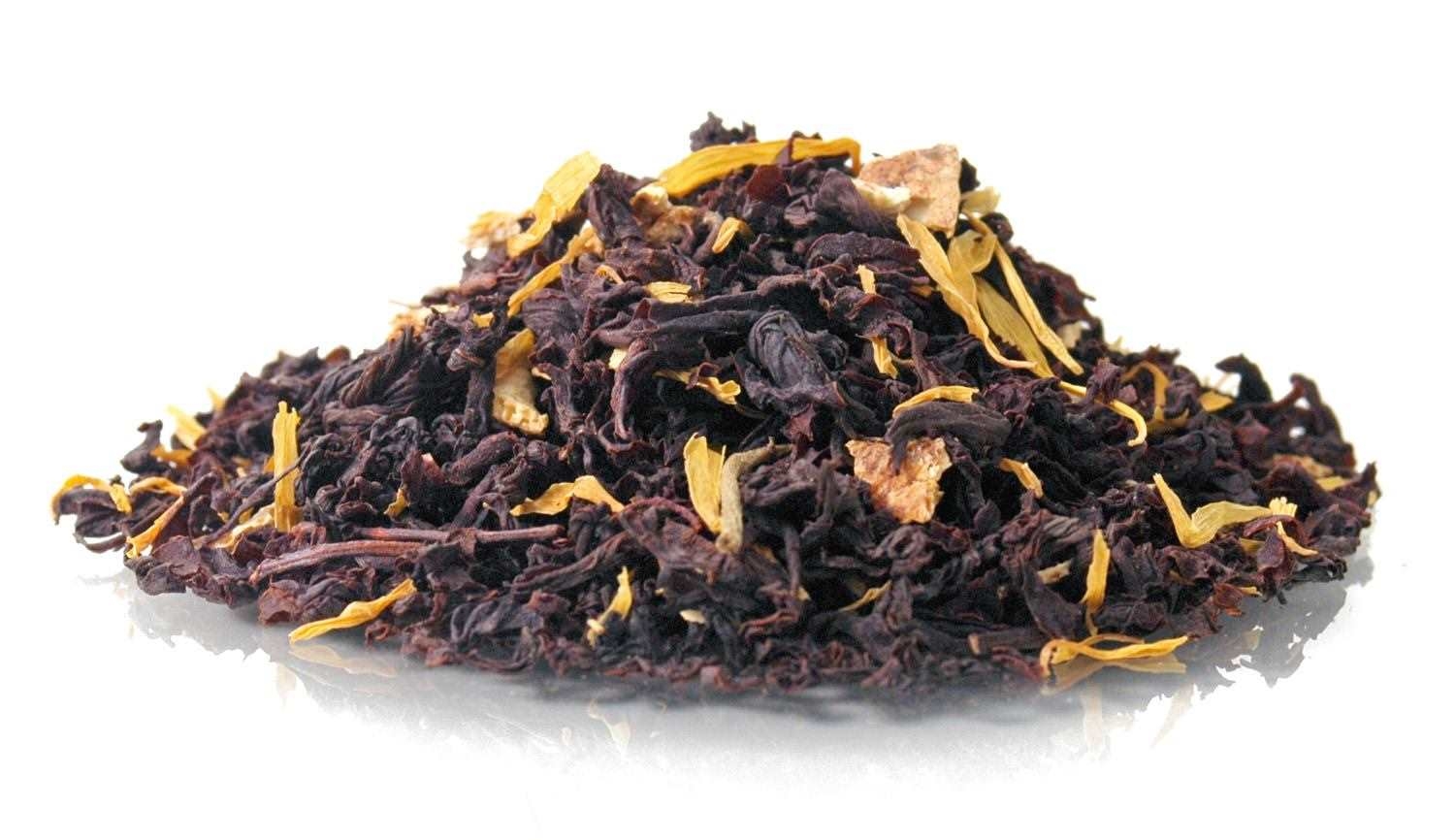Lose Früchtetee-Mischung mit Trockenfrüchten, Schwarztee, lose Teeblätter, Blätter mit Blüten, Kräuterteemischung, Tee-Blend
