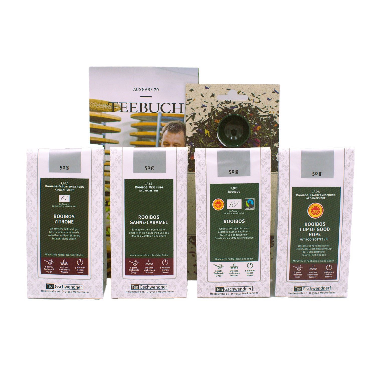 Vier Rooibos Tee-Sorten Probierpaket mit Zubehör, tee, teeauswahl, rooibos, getrocknete-blätter, verpackt-50g