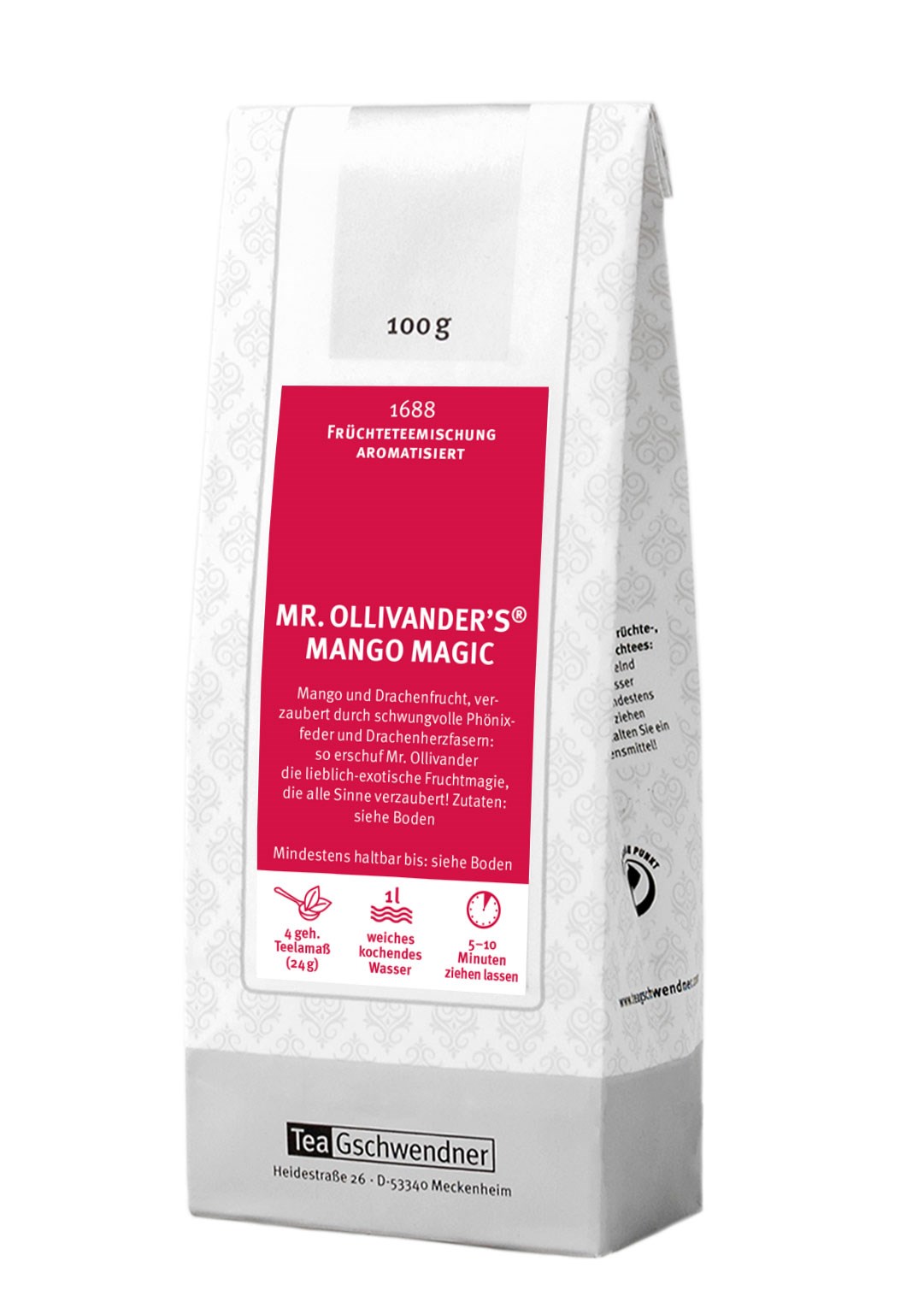 Verpackung von Mr. Ollivander's® Mango Magic, aromatisierte Früchteteemischung mit Mango und Drachenfrucht, 100 g