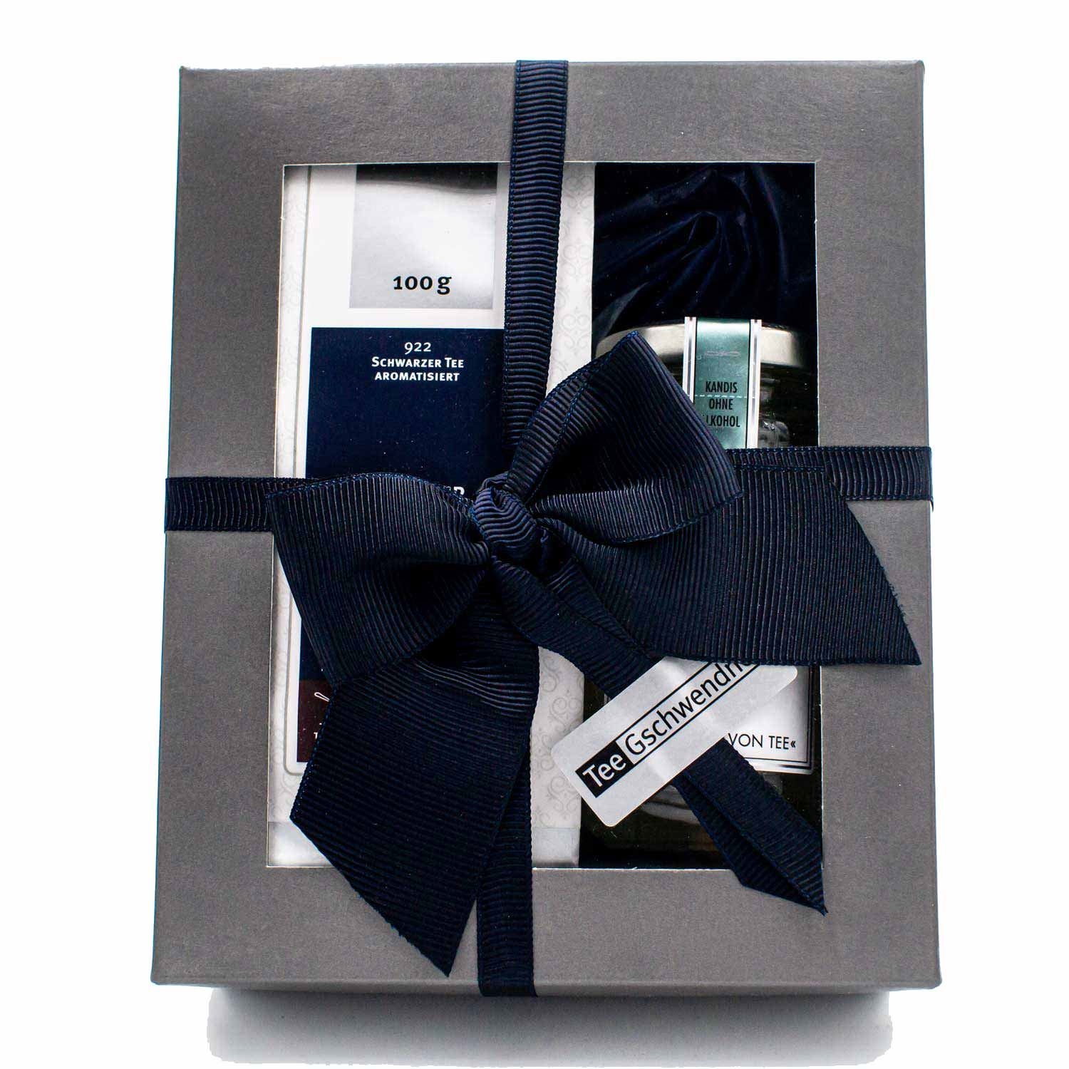 Graues Tee-Geschenkset mit dunkelblauer Schleife, geschenkbox, tee-Set, aromatisiert, schwarztee, geschenkverpackung